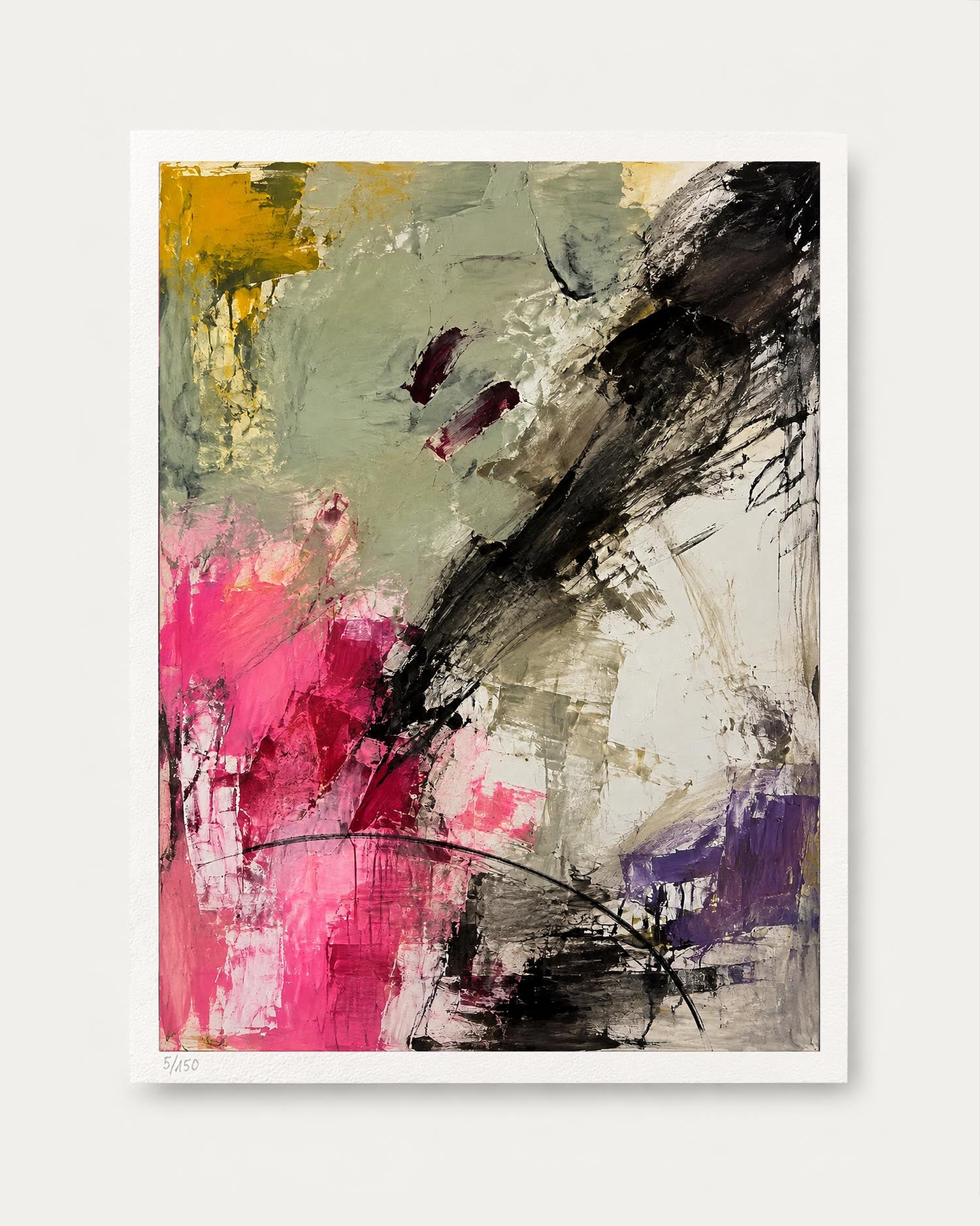 An abstract canvas art print featuring expressive brushstrokes in black, olive green, vibrant pink, yellow, and purple, presented on a clean white background.