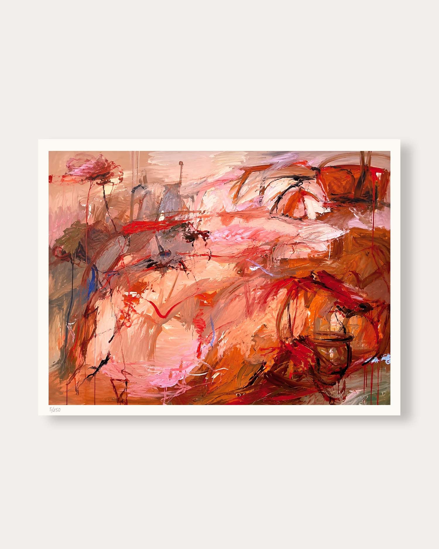 An abstract painting featuring expressive brushstrokes in warm tones of red, orange, pink, and brown, with a white border and drop shadow on a light gray background.