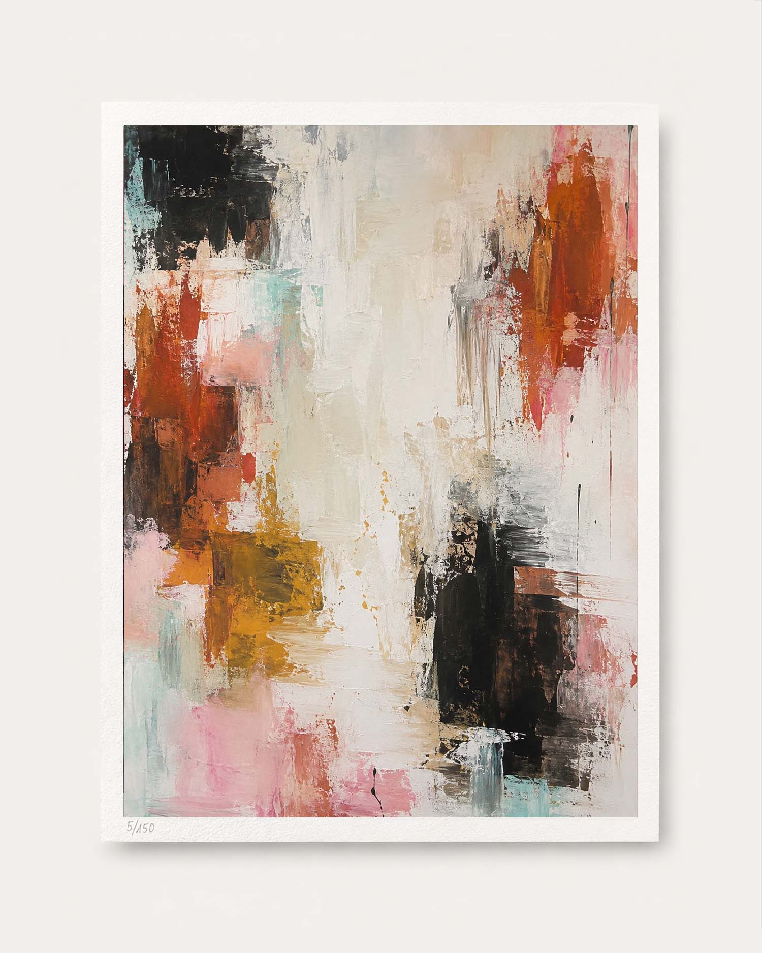 An abstract canvas print featuring a modern composition of textured brushstrokes in black, rust red, pink, gold, and light blue on a cream background, presented with a white border against a light gray wall.