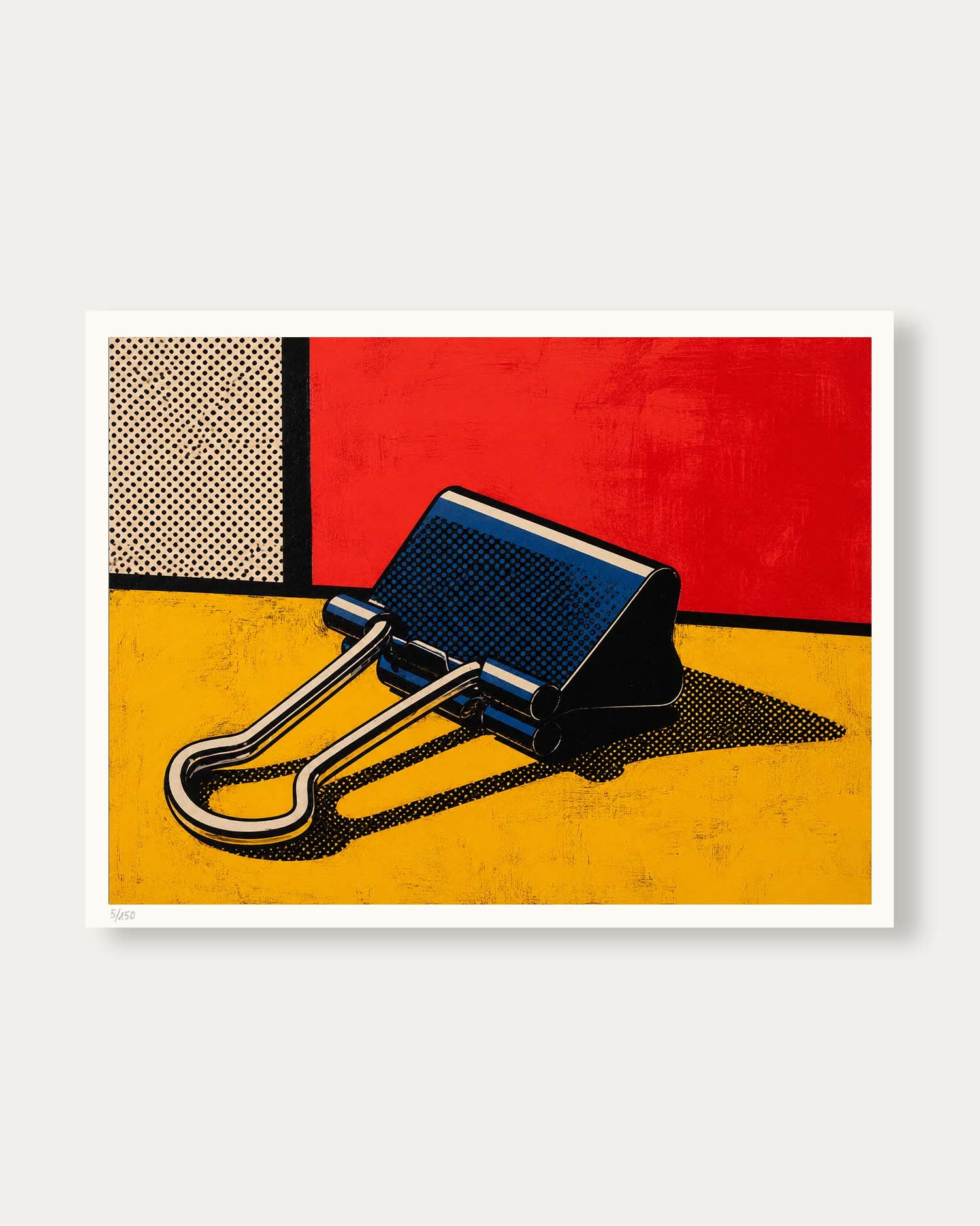 A pop art print featuring a binder clip on a yellow surface against a red and beige background, shown with a white border on a light gray backdrop.