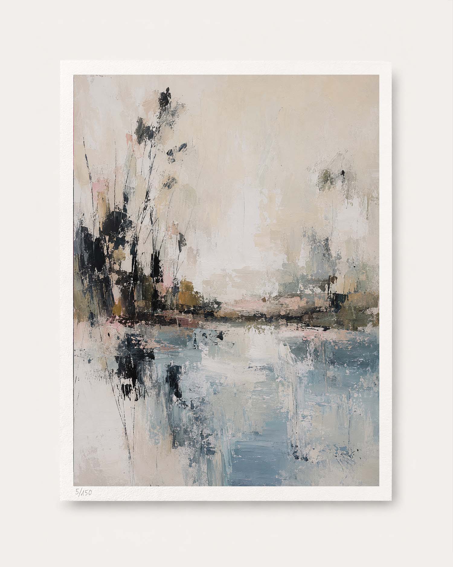 An abstract landscape art print featuring a river or lake scene with trees, rendered in soft brushstrokes of beige, gray, blue, and black, presented with a white border on a light background.