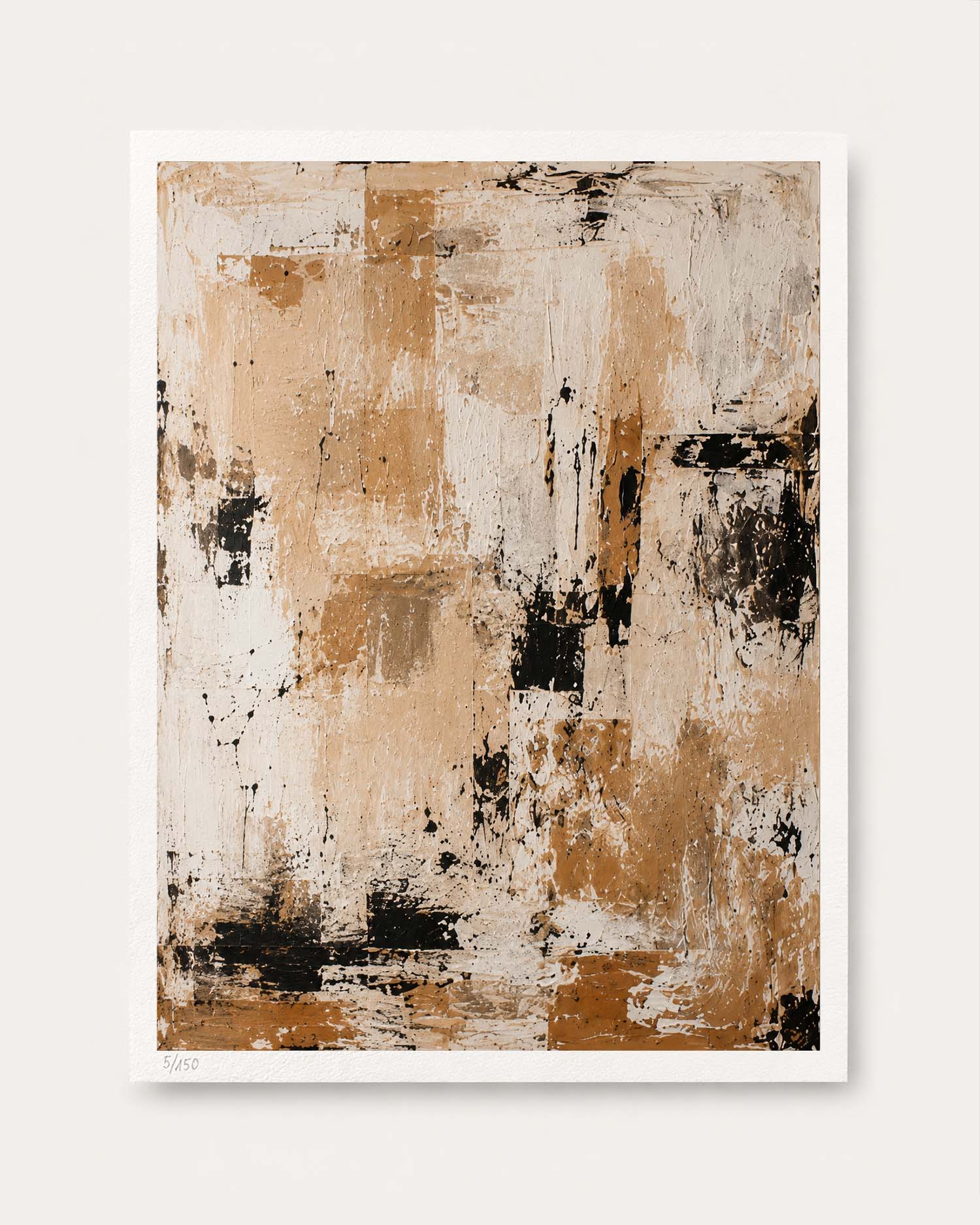An abstract art print featuring textured brushstrokes in beige, brown, white, and black, presented with a white border on a light gray background.