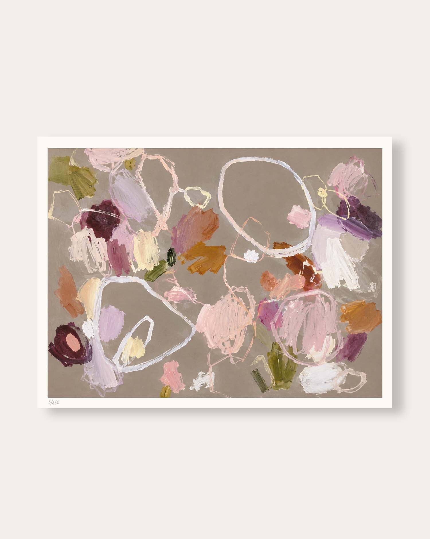 An abstract floral art print featuring soft pink, purple, and orange brushstrokes on a warm taupe background, framed by a clean white border against a light gray backdrop.