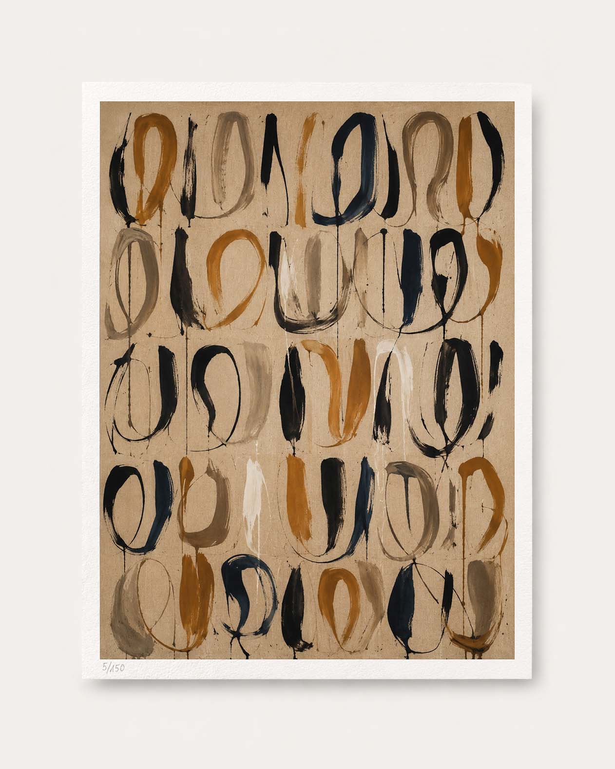 An abstract art print featuring organic, brushstroke-like shapes in black, brown, and tan on a beige background, presented with a white border against a light gray wall.