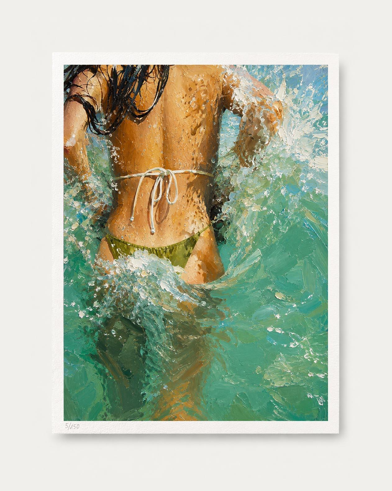 A framed art print featuring an expressive painting of a woman from behind in turquoise ocean water, with white surf and a white border around the artwork.