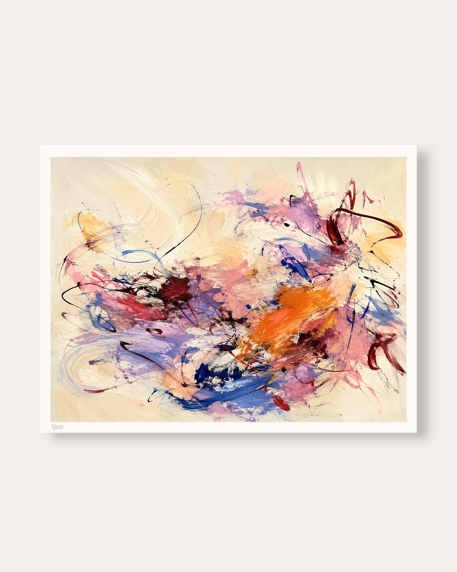 An abstract canvas art print featuring expressive, multicolored paint strokes including blue, purple, pink, orange, and red on a warm cream background, shown with a white border against a light gray wall.