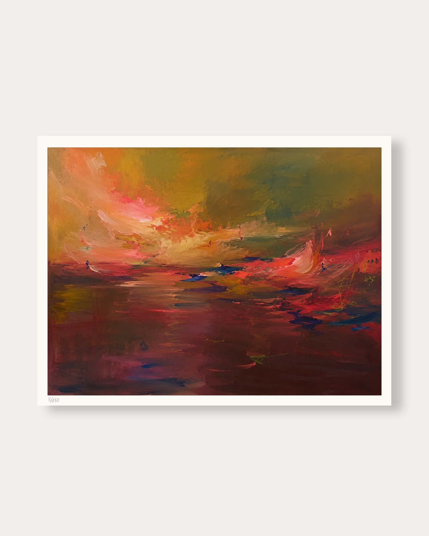 An abstract landscape painting of a sunset over water, featuring vibrant brushstrokes of orange, pink, red, and green, presented as a framed print against a light gray background.