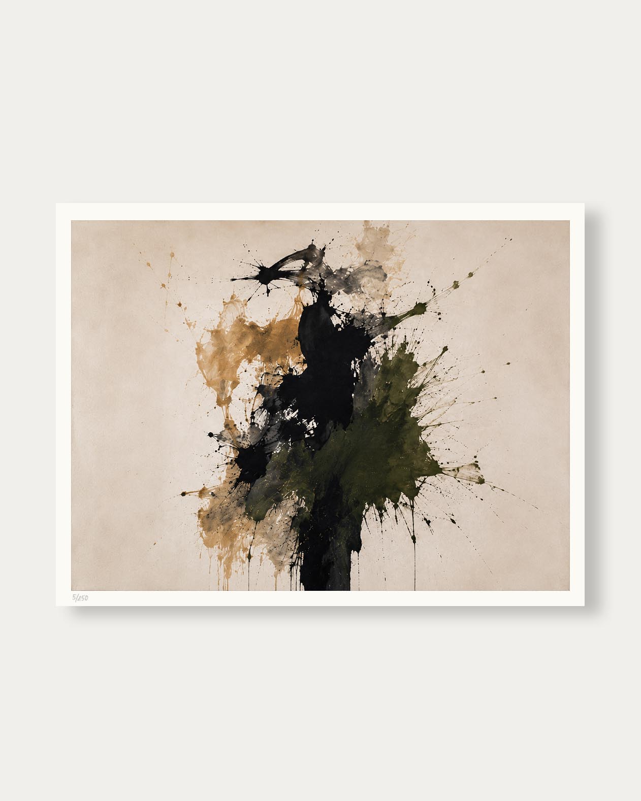 An abstract art print featuring a vertical paint splatter design in black, olive green, and ochre brown on a textured beige background, presented with a white border against a light gray wall.