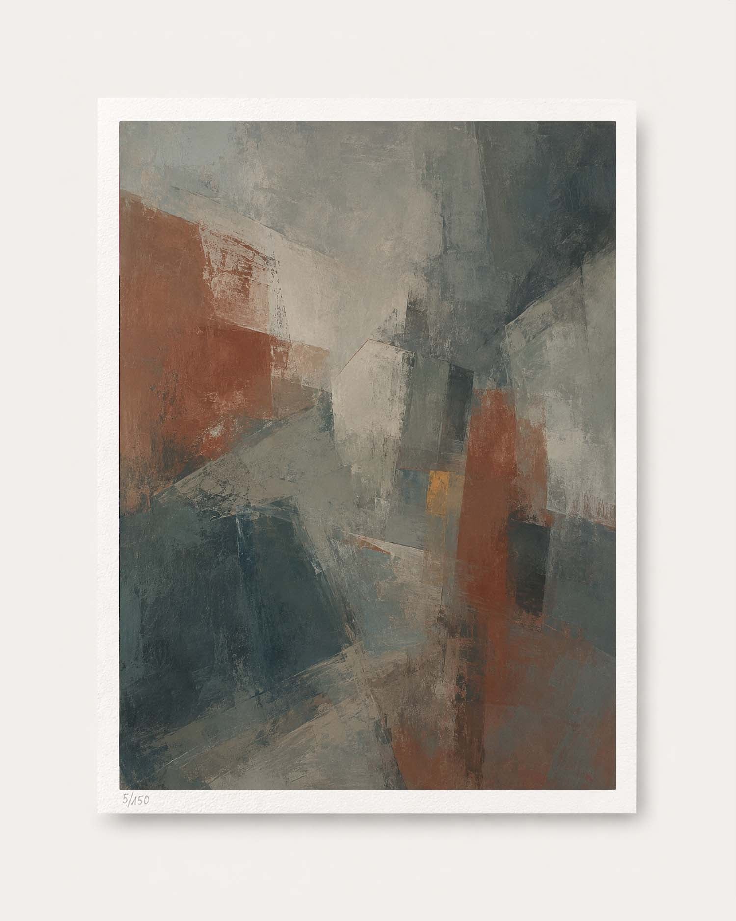 An abstract art print featuring a textured, painterly composition in muted tones of gray, slate blue, terracotta orange, and off-white, presented with a white border on a light background.