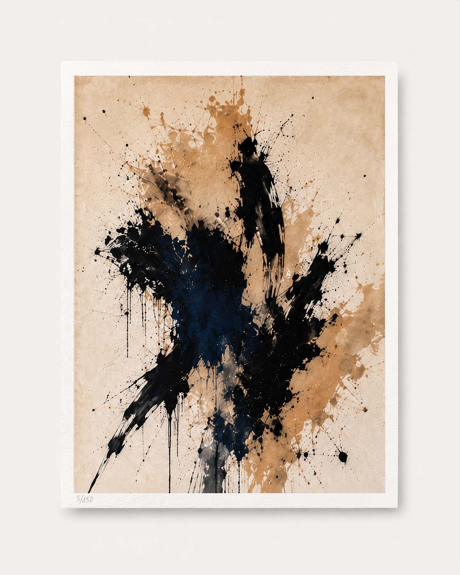 An abstract art print featuring a bold black and deep navy paint splatter over a warm beige textured background, presented with a clean white border on a light gray wall.