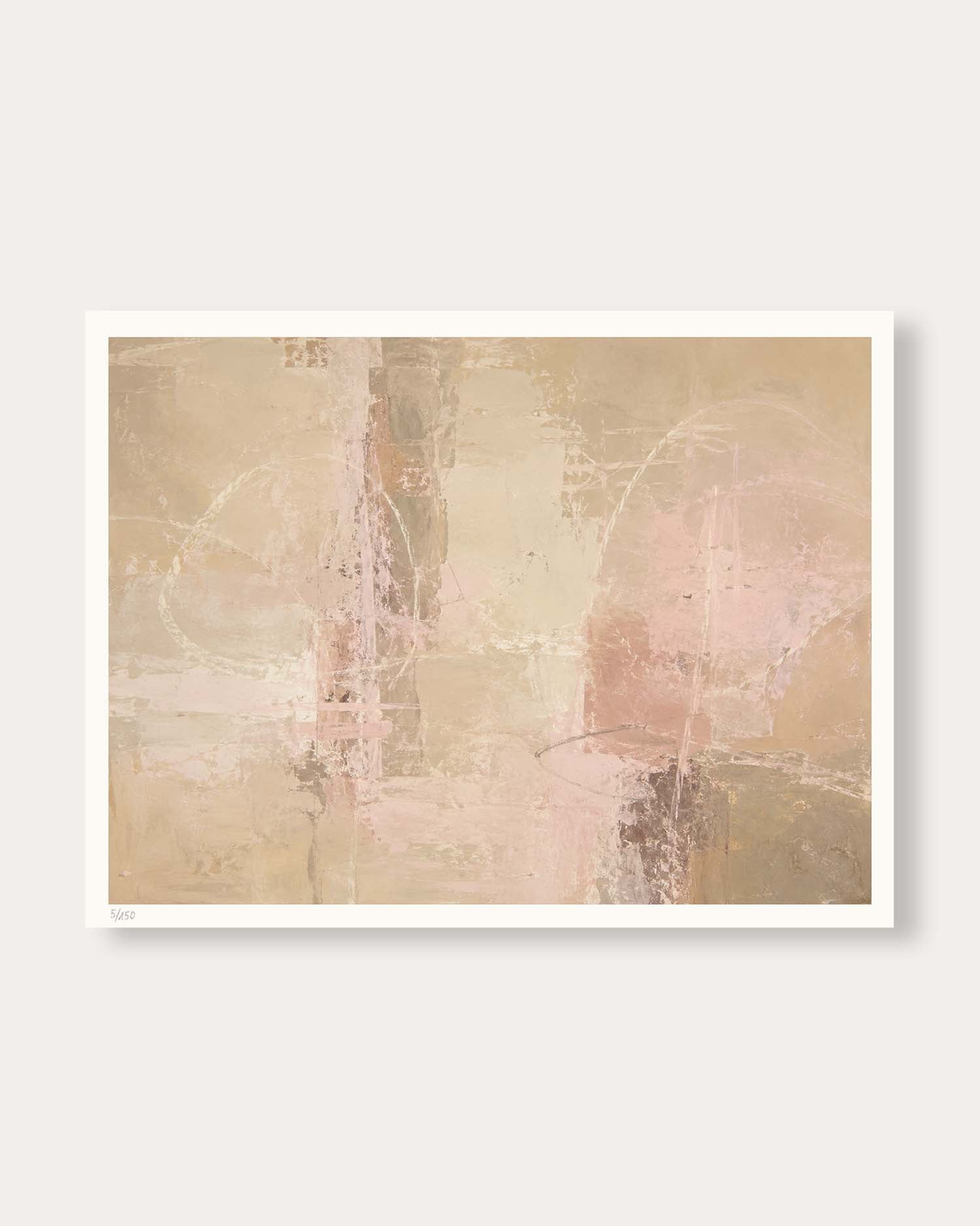 An abstract art print featuring a textured, painterly composition in soft beige, blush pink, and muted brown tones, presented with a white border against a light gray background.