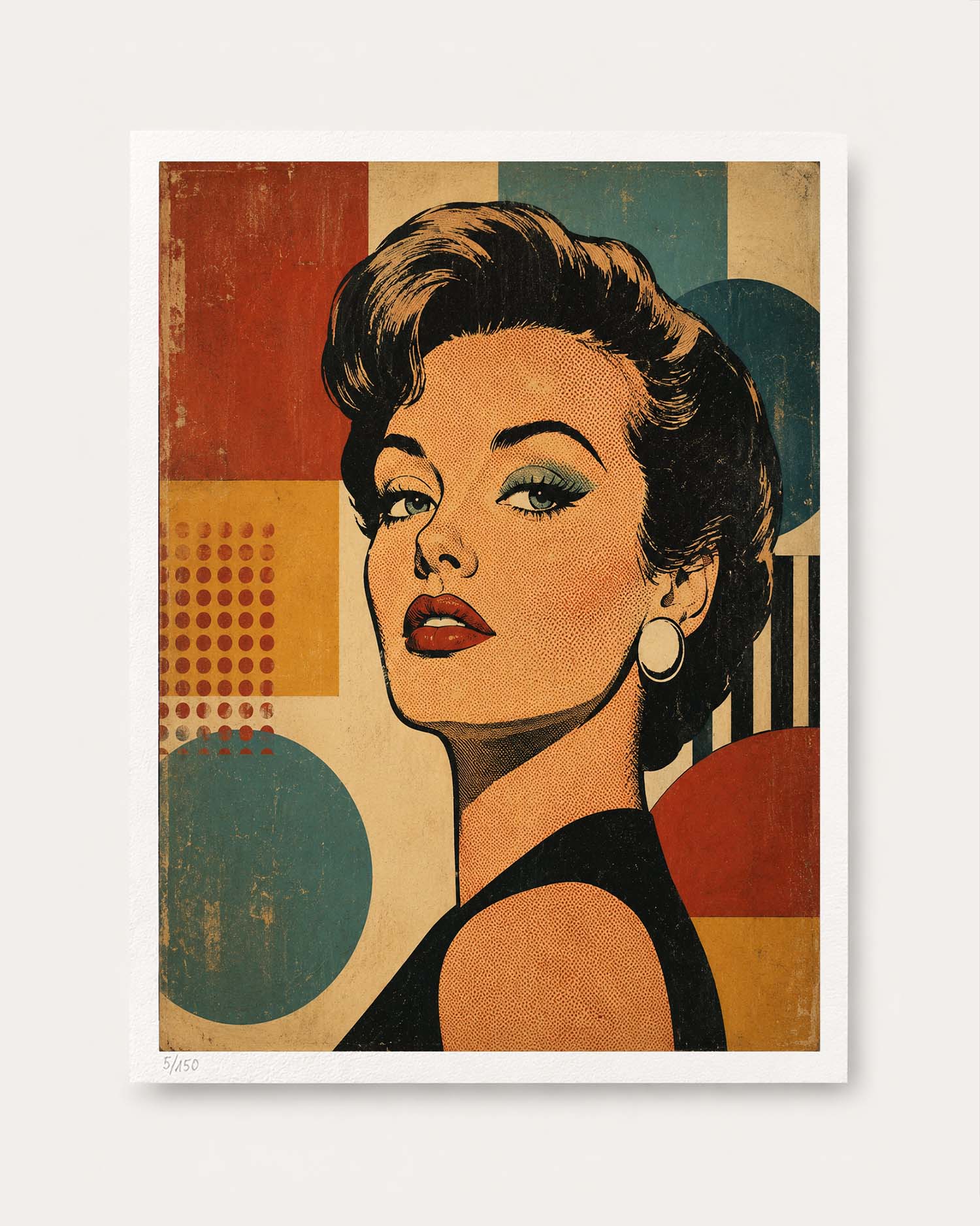 A framed art print featuring a retro-style pop-art portrait of a woman with dark hair, red lips, and a black top, set against a geometric background of muted red, teal, beige, and yellow blocks.