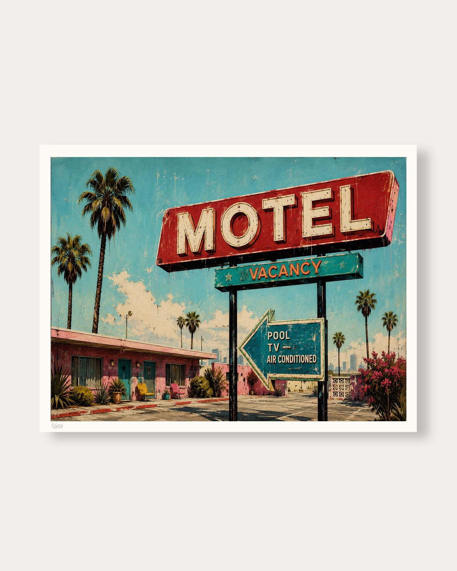 A retro-style art print depicting a classic motel scene with a large red 'MOTEL' sign, palm trees, a pink motel building, and directional signs for a pool and air conditioning, shown against a light gray background.