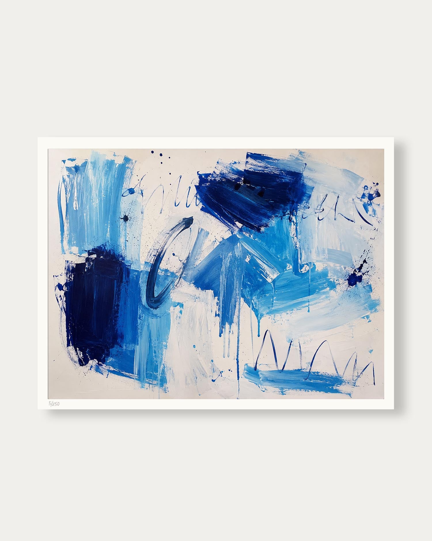 An abstract painting featuring expressive blue and navy brushstrokes on a light beige canvas, presented with a white frame against a neutral light gray background.
