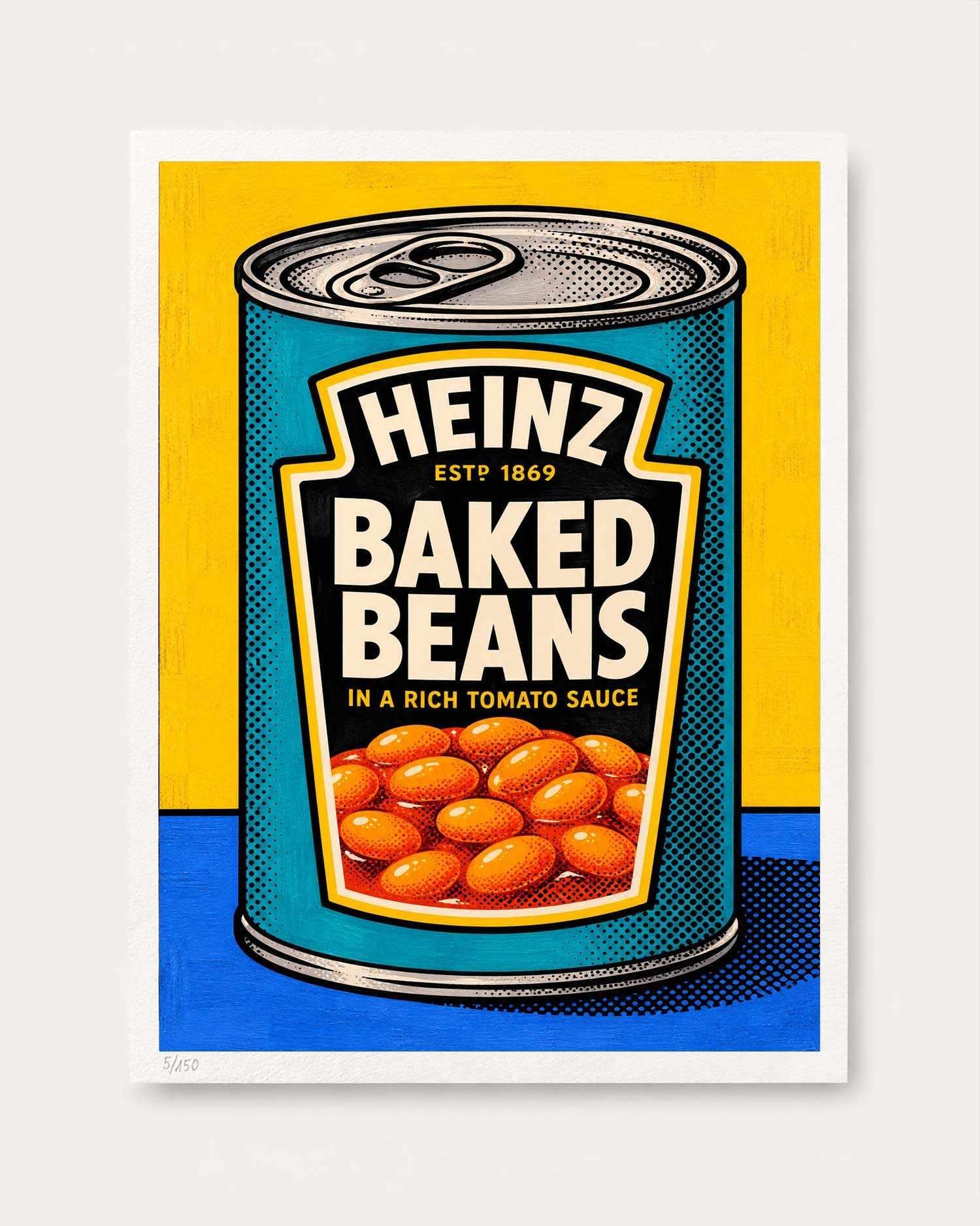 A pop art style print featuring a can of Heinz Baked Beans on a yellow and blue background, shown as a square poster with a white border against a light gray backdrop.