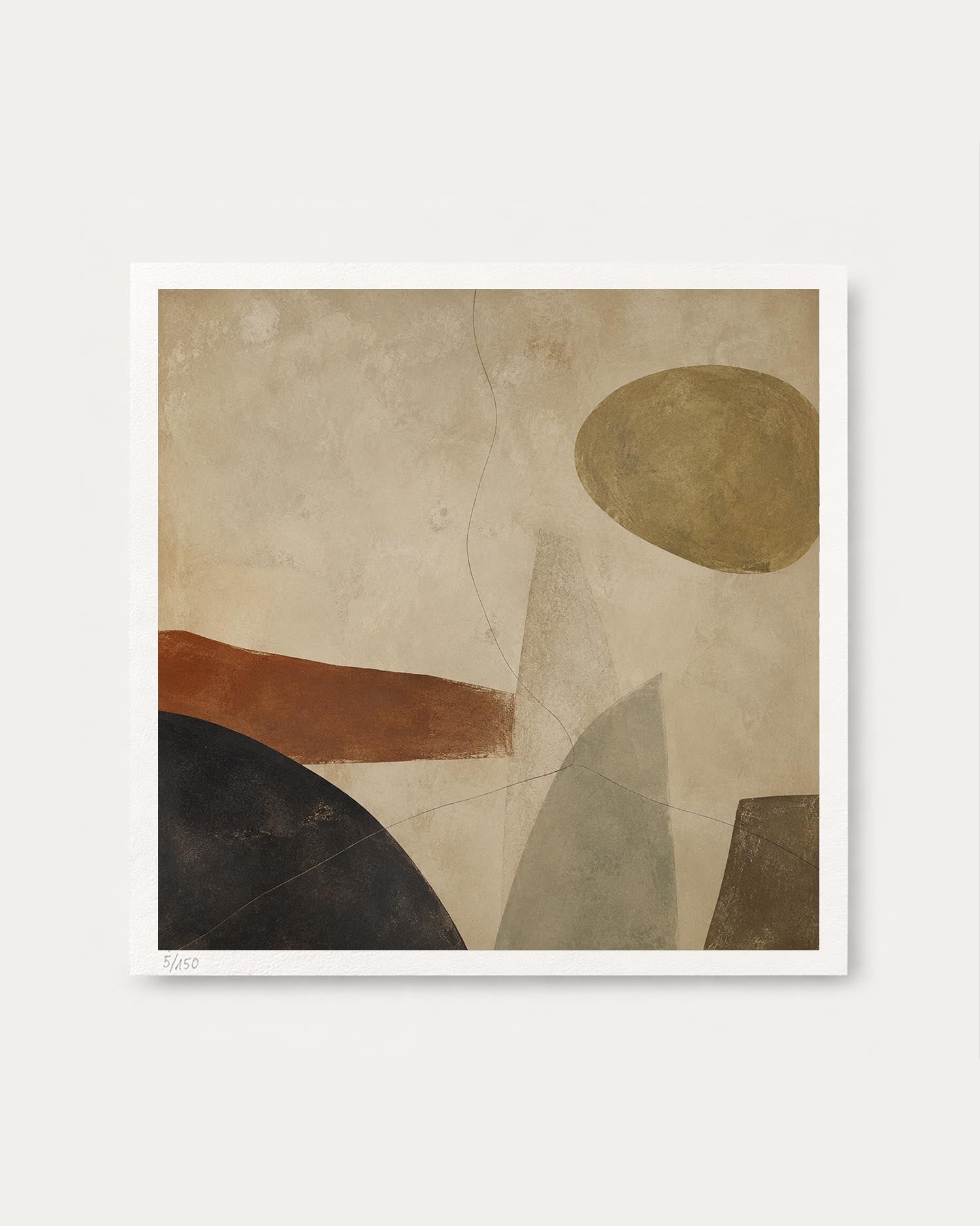 An abstract art print featuring geometric shapes in earthy tones of beige, brown, black, and muted green on a textured background, presented with a white border against a light gray wall.