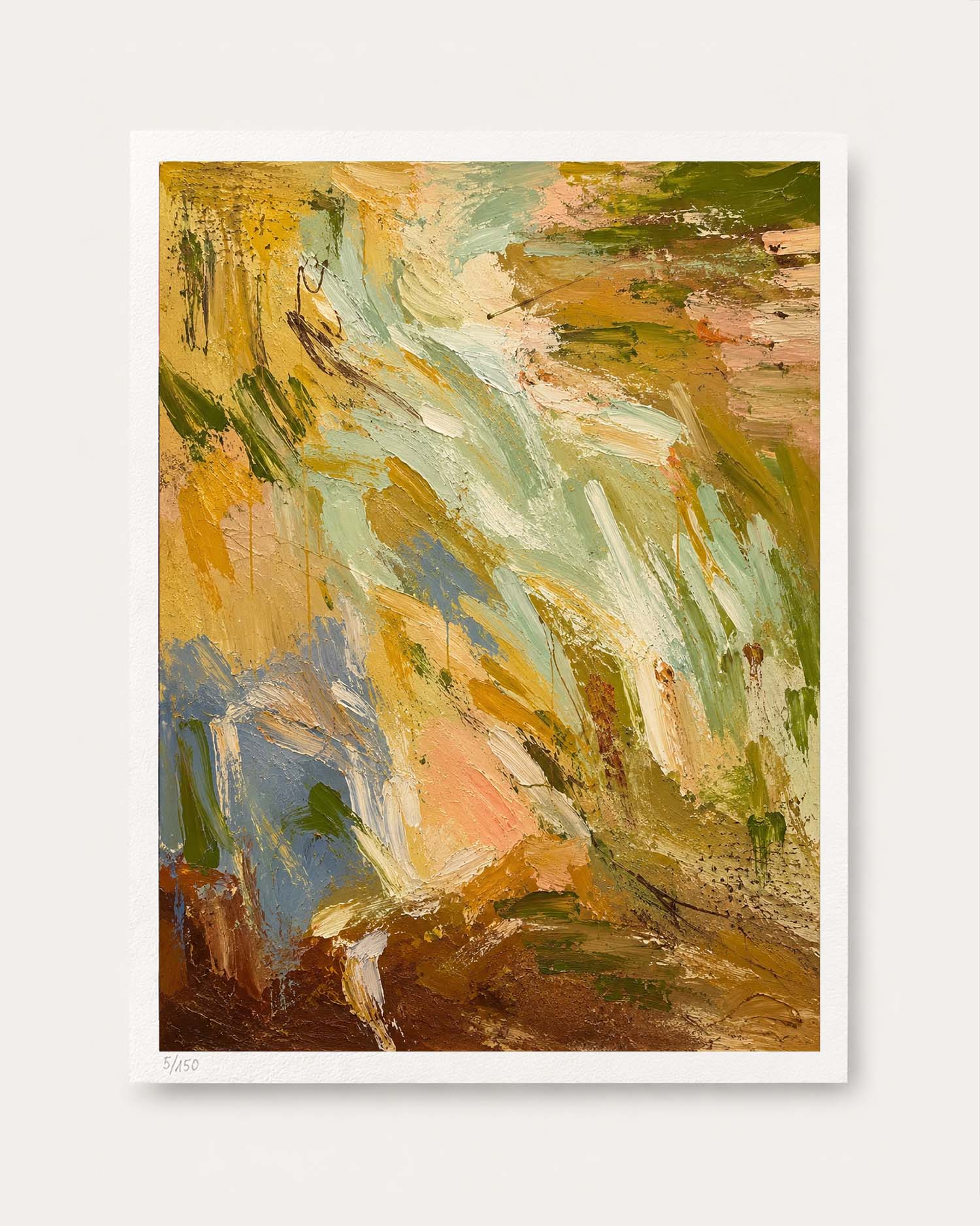 An abstract art print featuring expressive, textured brushstrokes in warm ochre, gold, brown, sage green, soft blue, and cream, presented on a clean white background with a thin black border.
