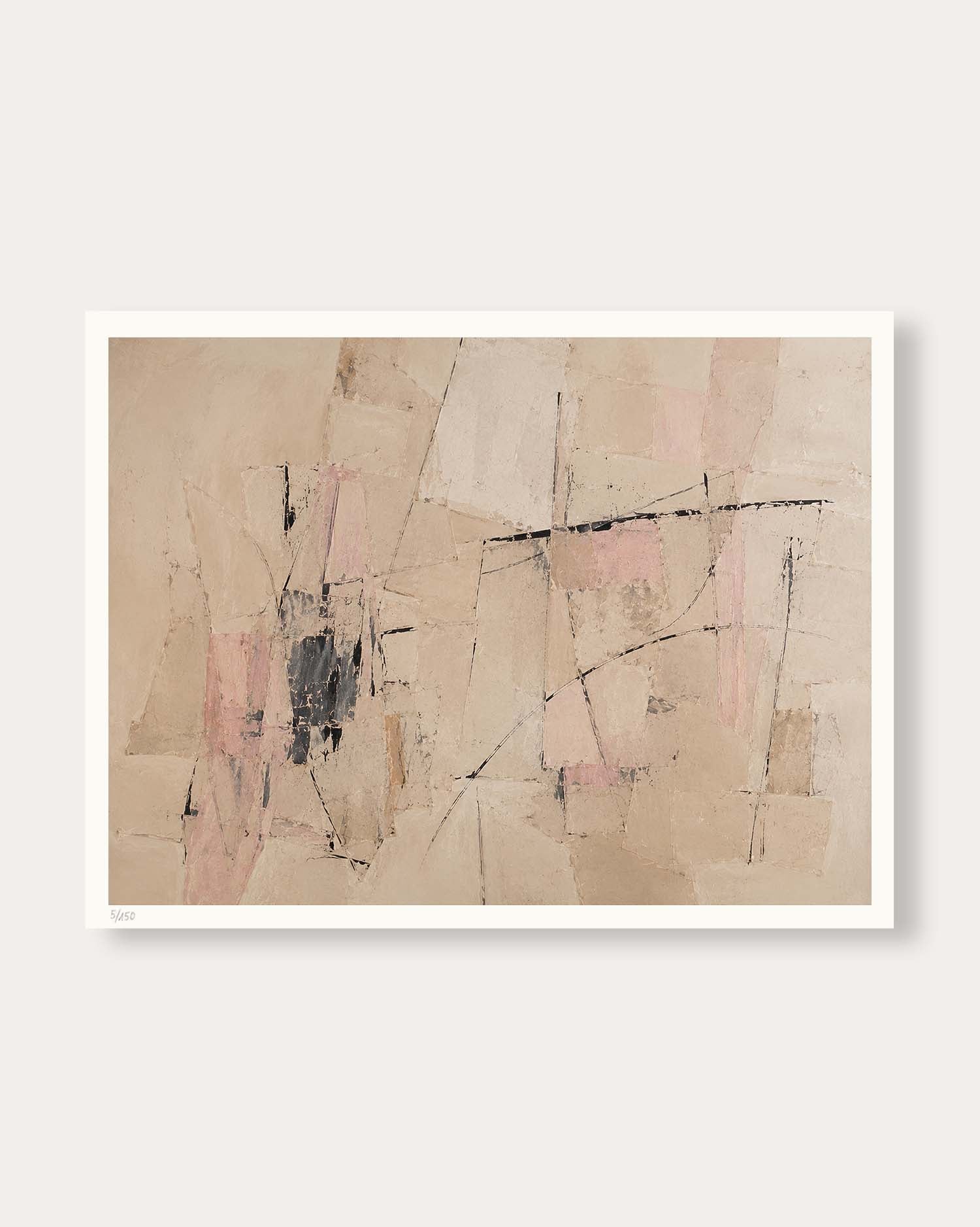 An abstract art print featuring a geometric composition of beige, pink, and gray blocks with black lines, presented with a white border on a light gray background.