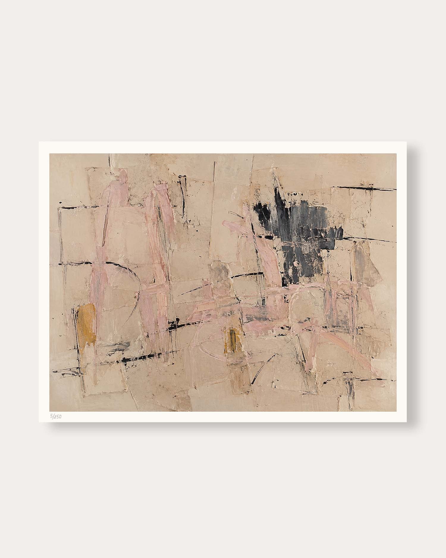 An abstract painting with textured beige, pink, black, and brown brushstrokes, presented with a white border on a light gray background.