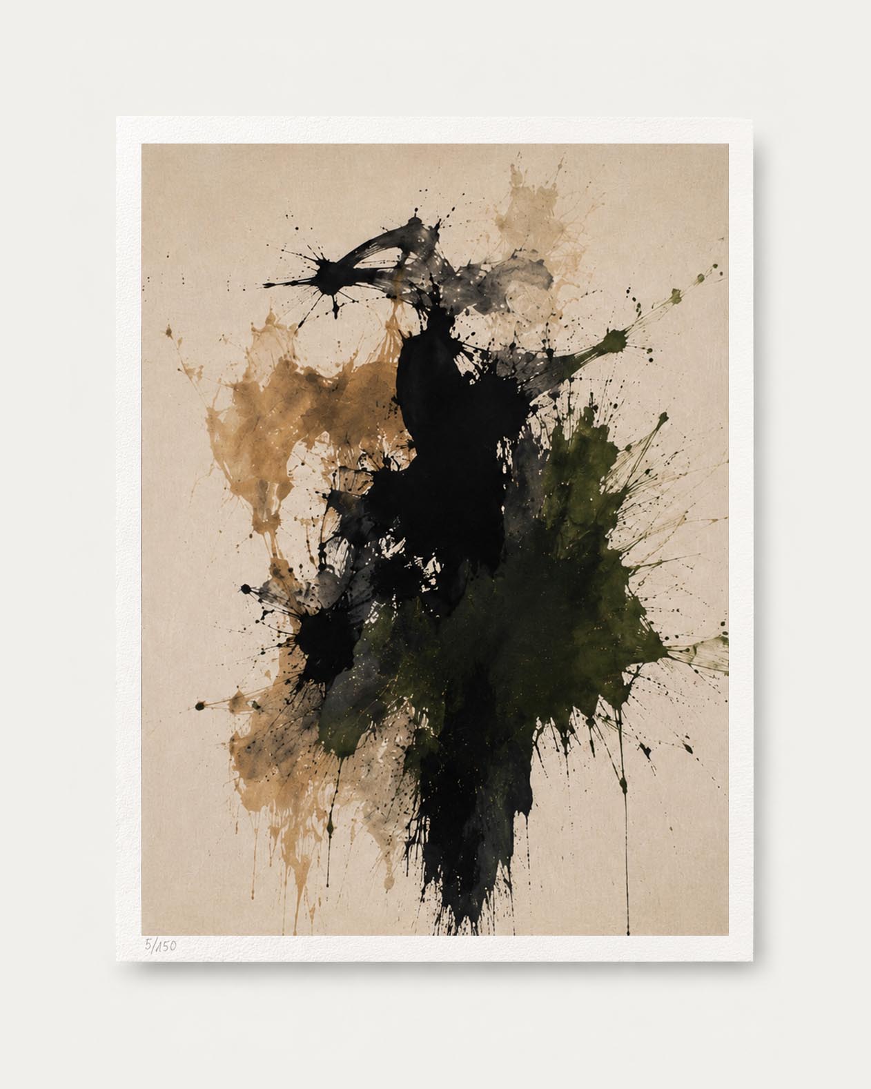 An abstract art print featuring expressive black, olive green, and brown ink splatters on a textured beige background, presented with a clean white border against a light gray backdrop.