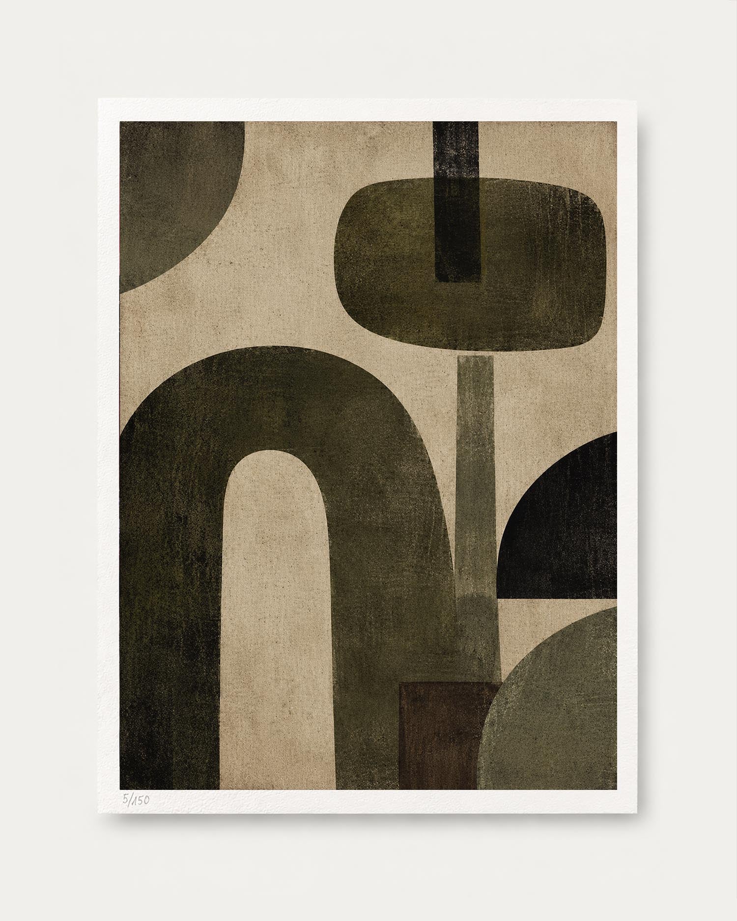 An abstract geometric art print featuring organic shapes in dark olive green, charcoal, and beige on a textured canvas, presented with a white border against a light gray background.