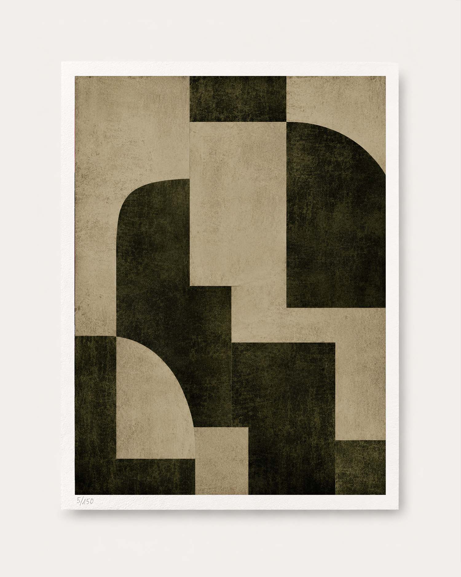 An abstract geometric art print featuring dark olive green and beige blocks with a textured, vintage paper finish, presented with a white border on a light off-white background.