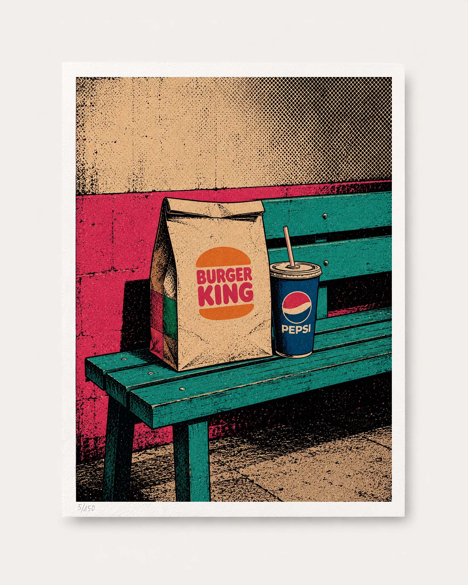 A square art print featuring a stylized pop-art illustration of a Burger King paper bag and a Pepsi cup sitting on a teal bench against a pink and beige wall, shown with a white border on a light gray background.
