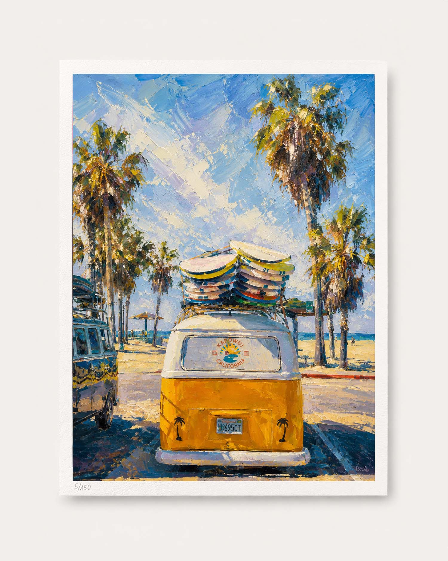 A square art print featuring an impressionistic painting of a yellow and white VW bus parked on a beach road with palm trees, stacked surfboards on its roof, and a blue sky. The print is shown centered on a light gray background.