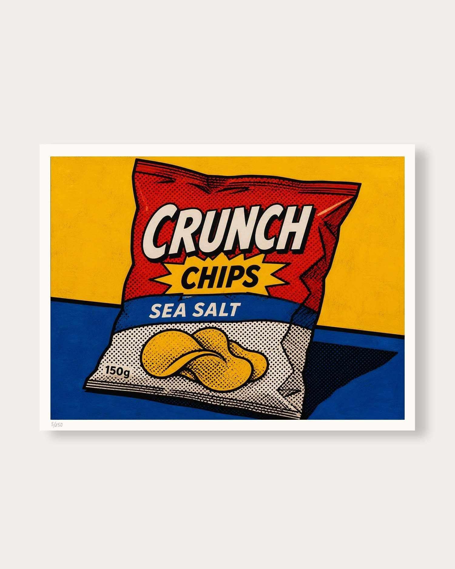 A pop-art style print of a Crunch Chips Sea Salt bag, featuring a red and yellow background with blue accents, shown as a square framed print on a light gray background.