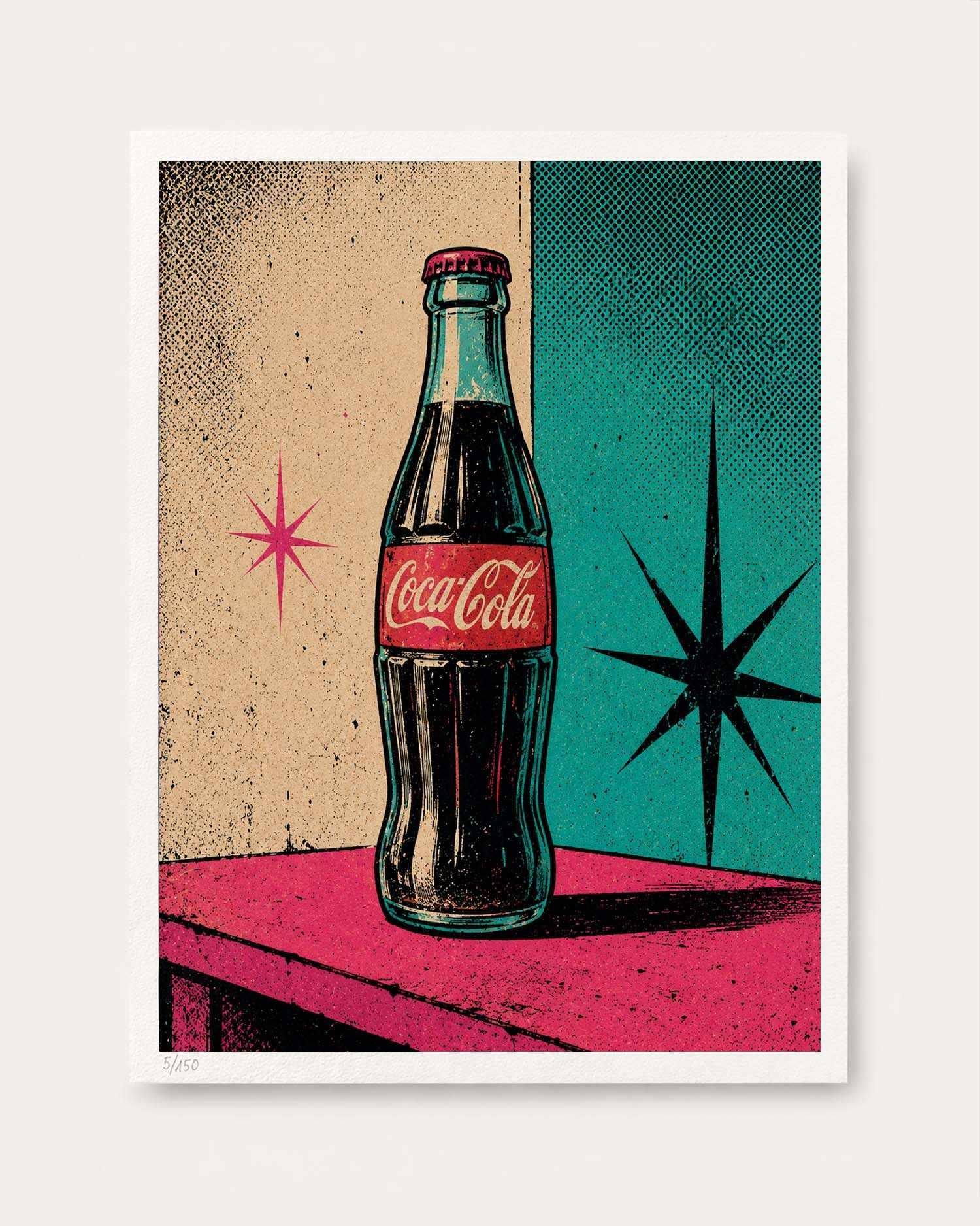 A retro-style Coca-Cola art print featuring a glass bottle of cola on a pink table against a split beige and teal background with starburst shapes. The print is shown centered on a light neutral background.