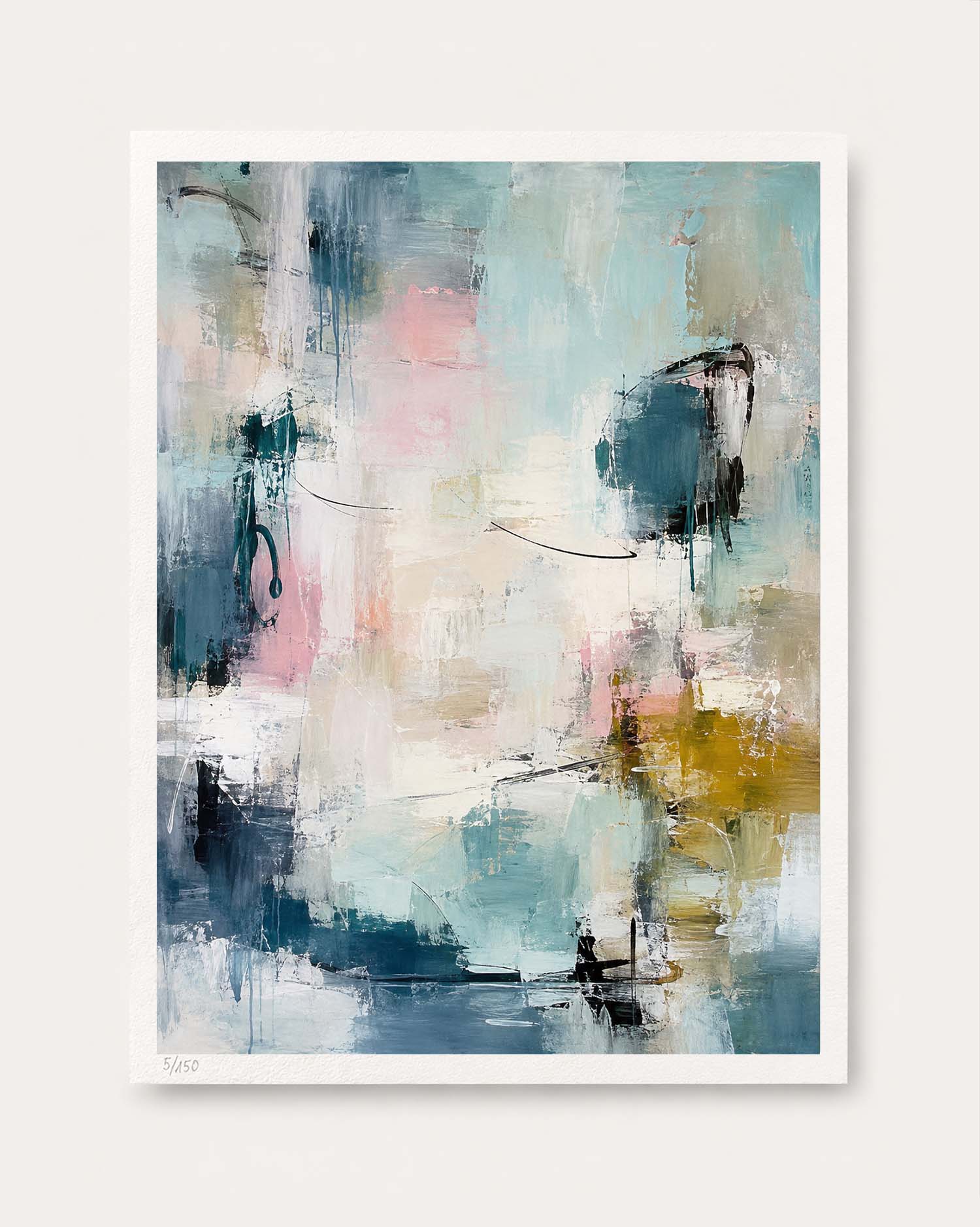 An abstract canvas art print featuring a modern composition of textured brushstrokes in shades of blue, teal, pink, cream, and gold, presented on a light beige background.