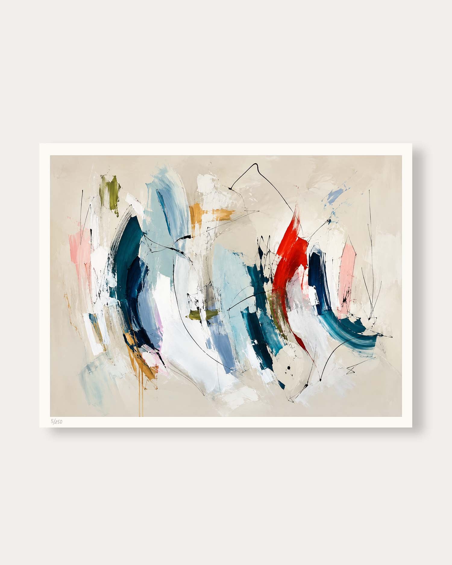 An abstract canvas print featuring expressive brushstrokes in navy, blue, white, red, pink, and beige, presented with a white frame against a light gray background.