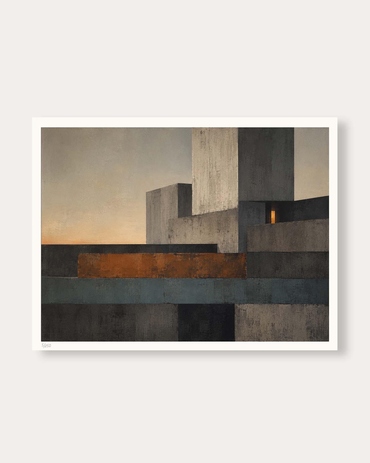 An abstract geometric art print featuring layered rectangular blocks in shades of gray, charcoal, and slate blue, with a warm golden-orange highlight and a soft beige sky, presented with a white border on a light gray background.
