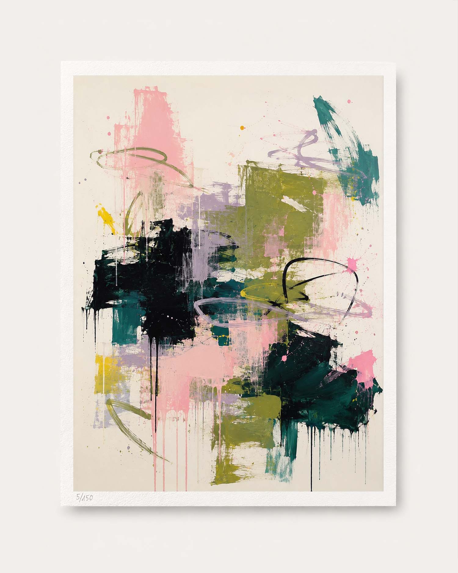 An abstract art print featuring expressive paint strokes in pink, olive green, teal, black, and lavender on a cream background, presented with a white border against a light gray wall.