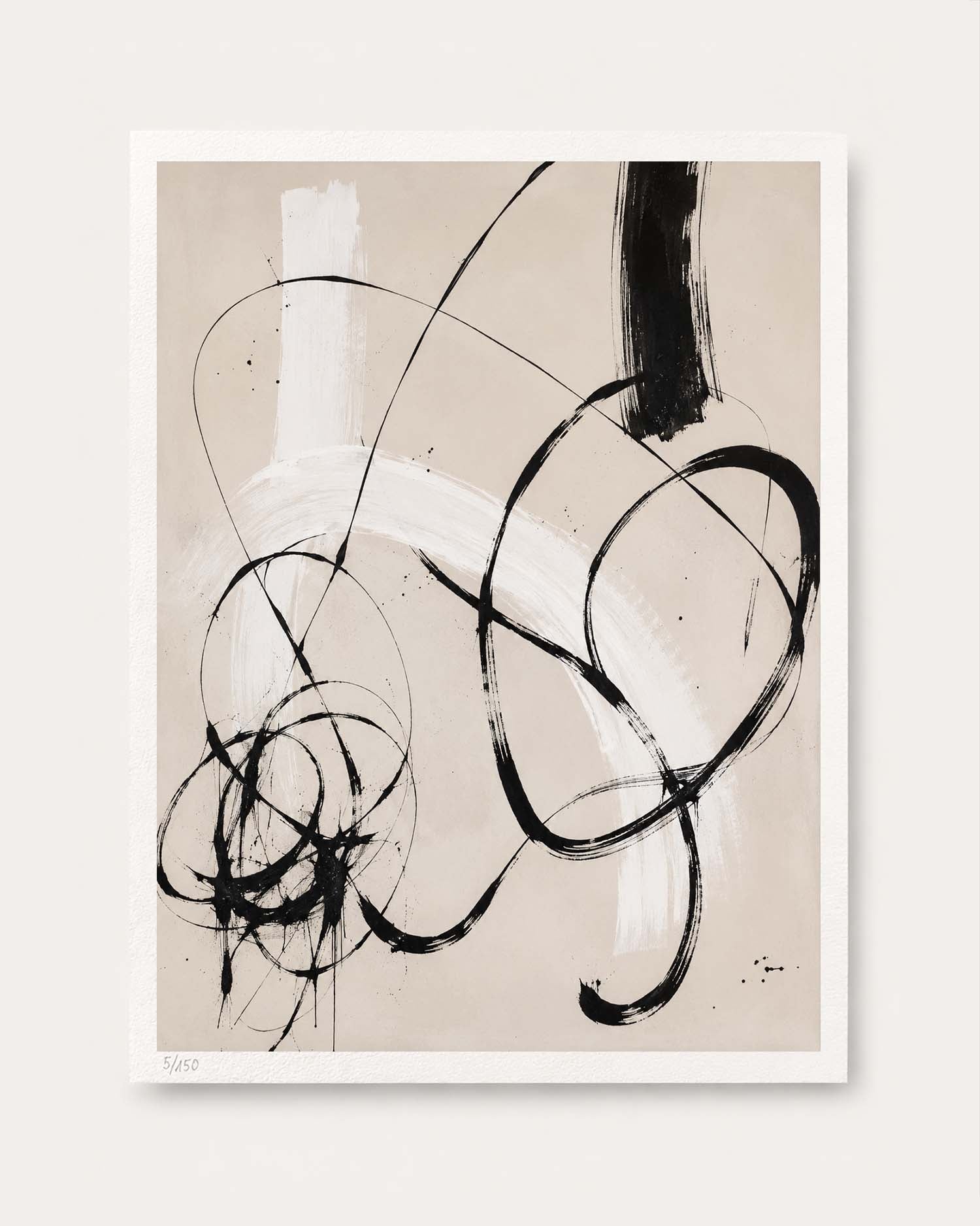 An abstract art print featuring expressive black brushstrokes and loops over broad white and beige brushstrokes on a warm beige background, presented with a white border against a light off-white wall.