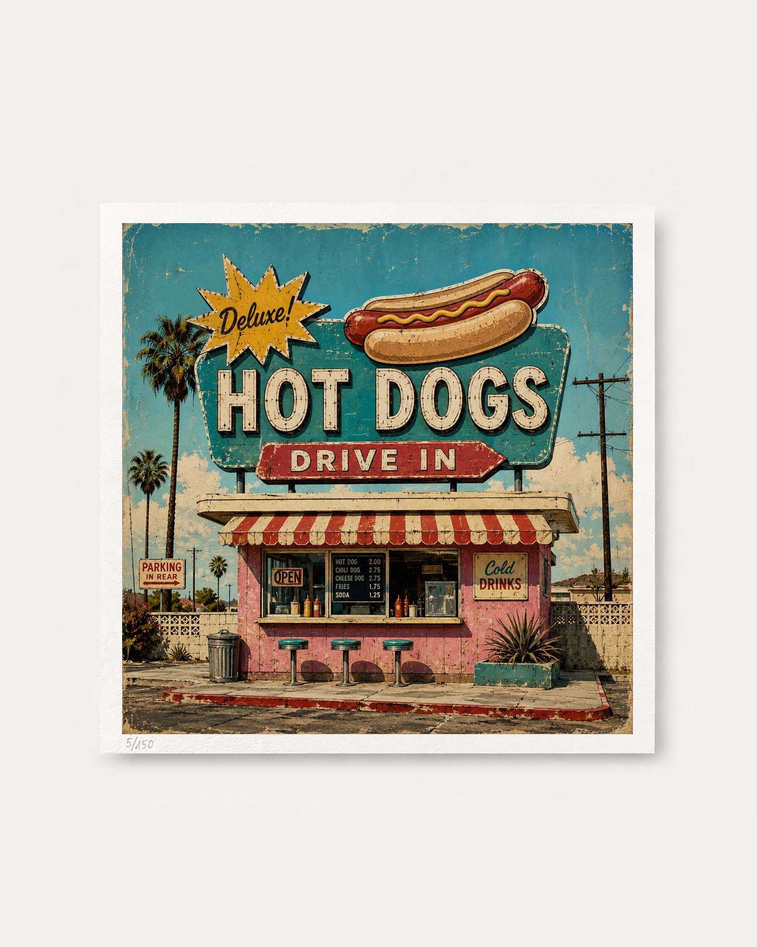 A square art print featuring a retro-style illustration of a pink hot dog stand with a large neon sign reading 'HOT DOGS DRIVE IN,' set against a light gray background.