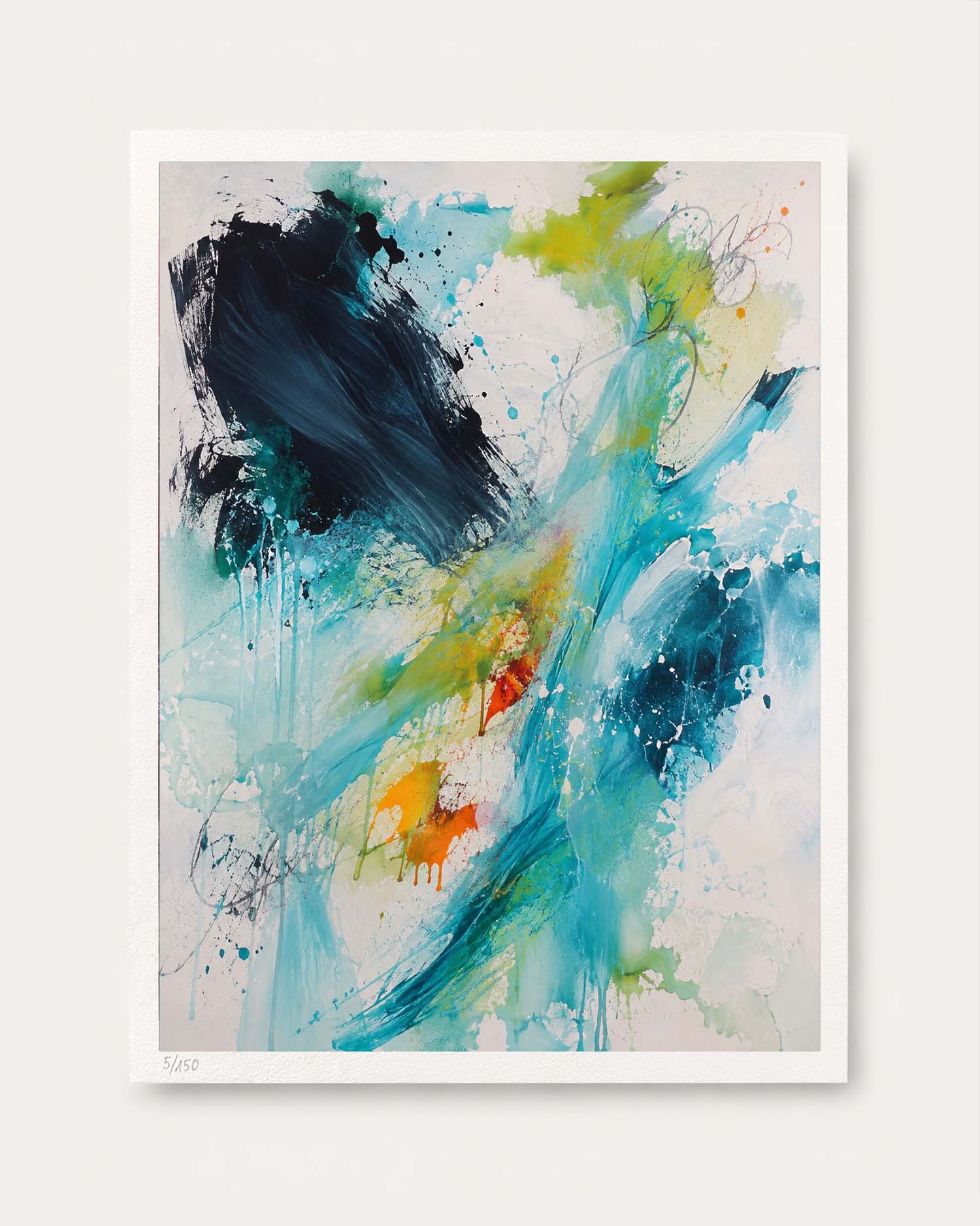 An abstract art print featuring expressive paint splashes and brushstrokes in blue, teal, green, yellow, orange, and black on a white background, presented with a wide white border.