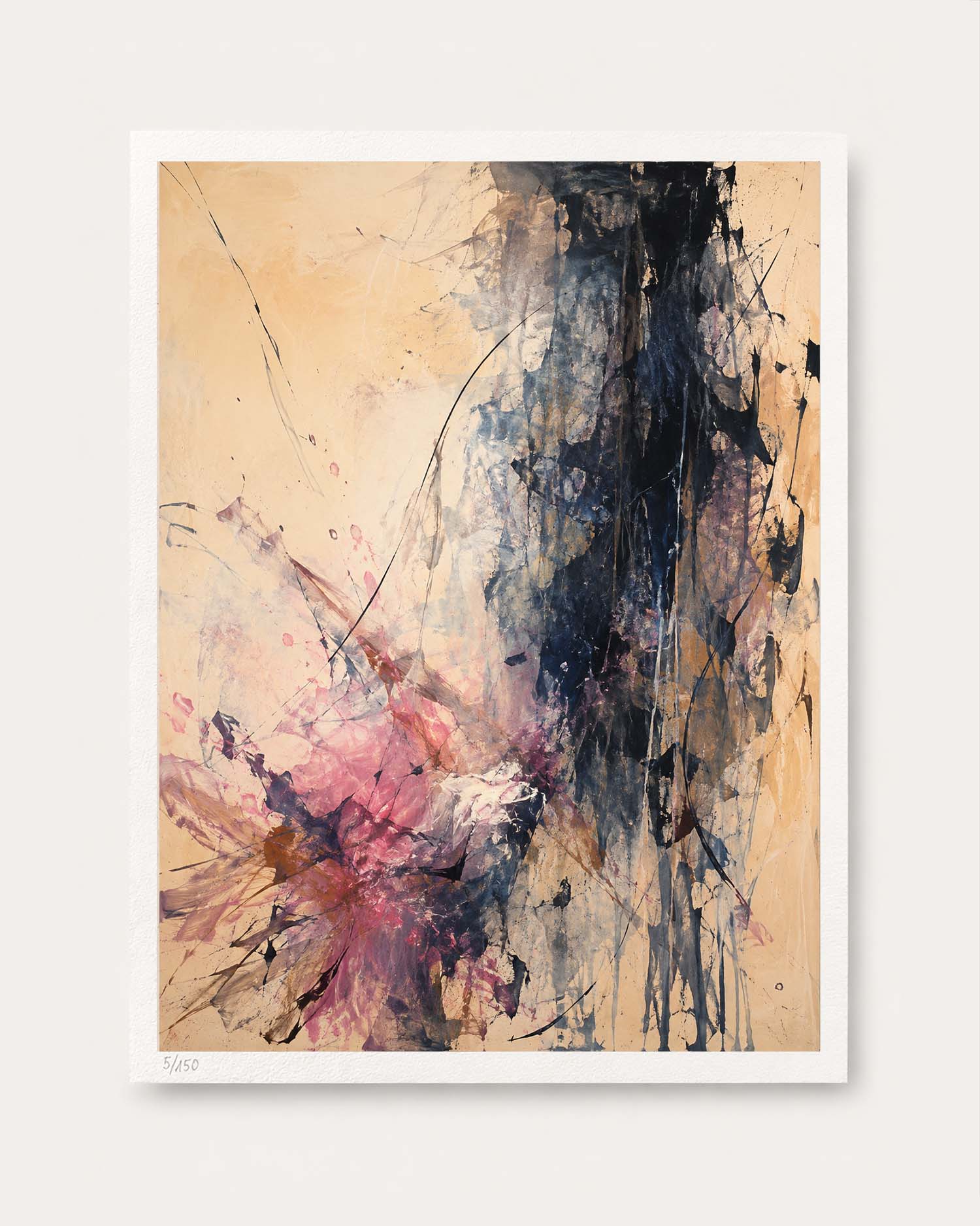 An abstract art print featuring a vertical composition with a beige background, a prominent dark navy and black brushstroke on the right, and a pink, purple, and white splash on the left. The print is presented with a white border against a light gray background.