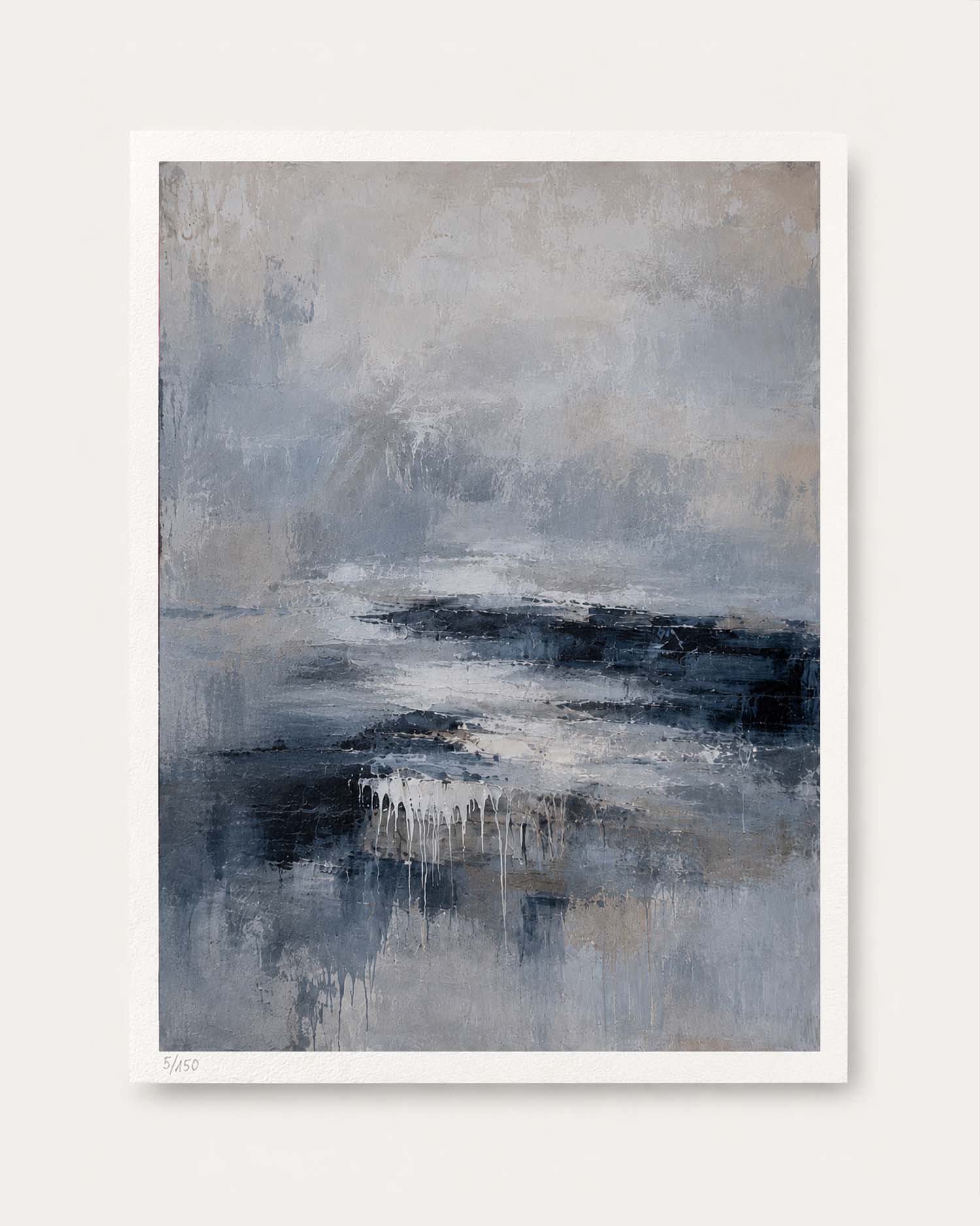An abstract landscape art print featuring textured brushstrokes of slate blue, gray, charcoal, and beige, presented with a clean white border on a light beige background.