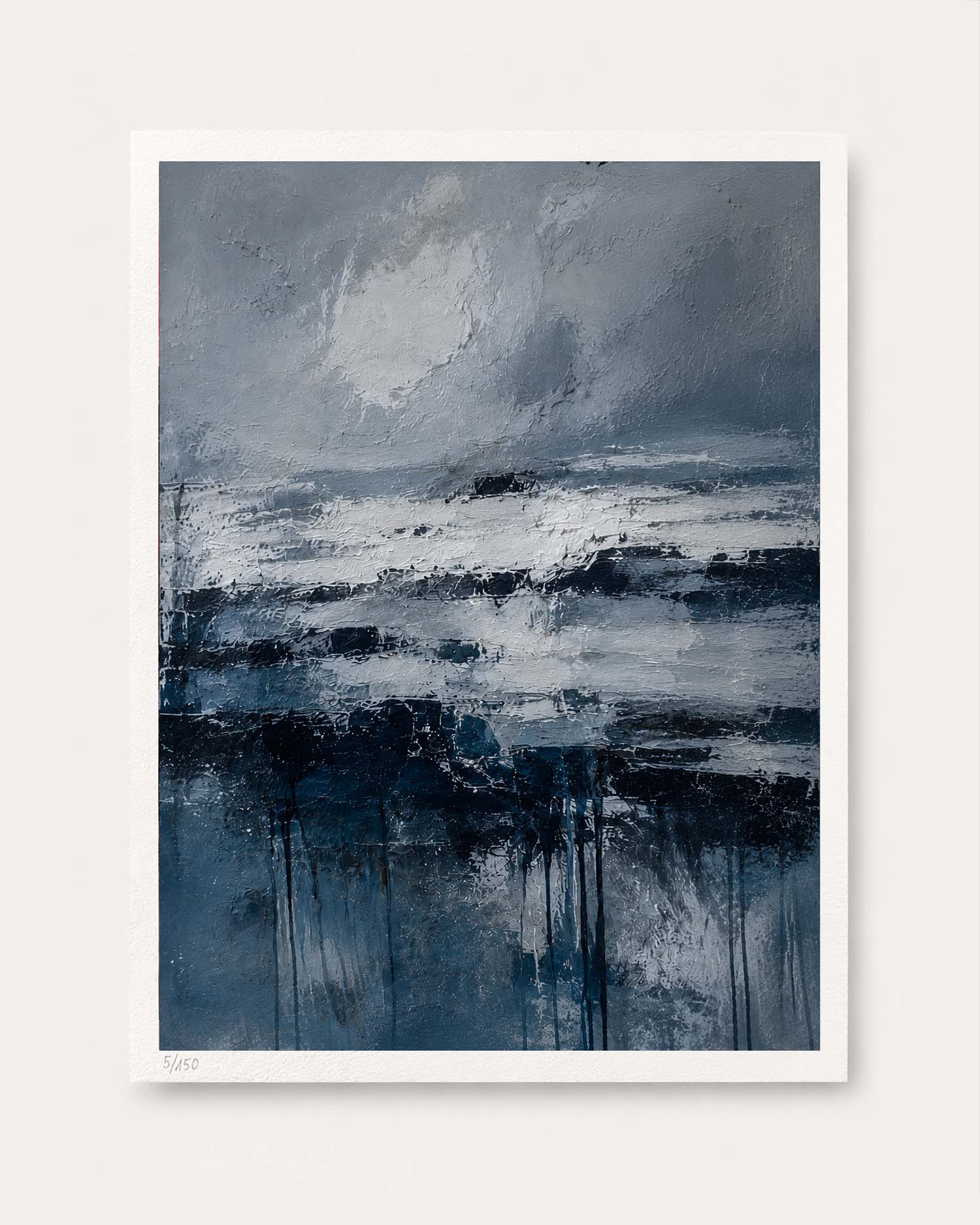 An abstract landscape-style painting with layered brushstrokes in gray, white, and deep blue, presented as a framed print against a light neutral background.