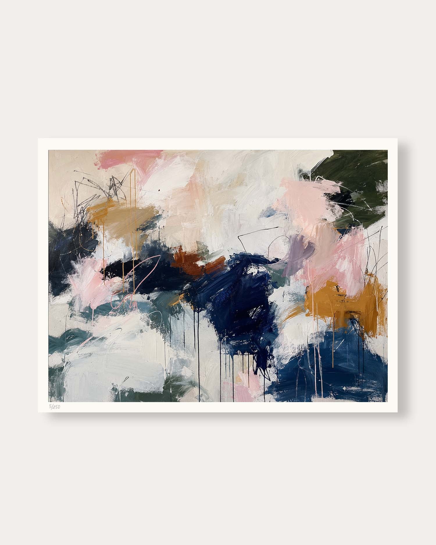 An abstract canvas art print featuring expressive brushstrokes in navy blue, dusty pink, ochre brown, and cream on a light gray background.