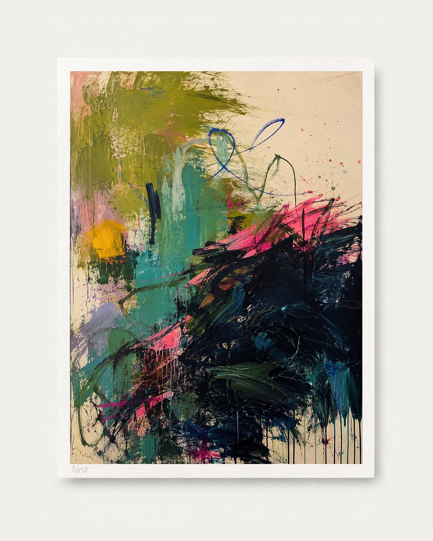 An abstract art print featuring expressive brushstrokes in green, teal, black, pink, yellow, and blue on a cream background, presented with a white border against a light gray wall.
