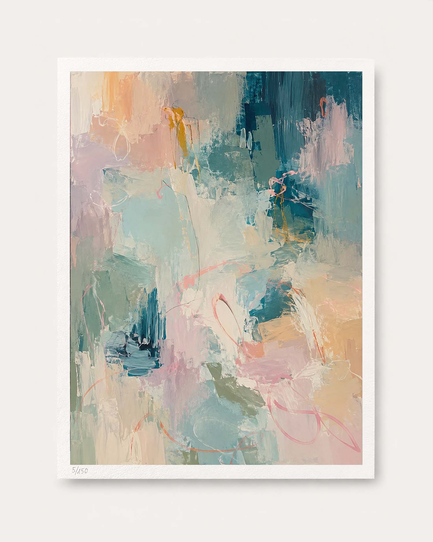 An abstract art print featuring a textured, painterly composition in soft pastel tones of teal, pink, beige, and peach, presented on a clean white background.