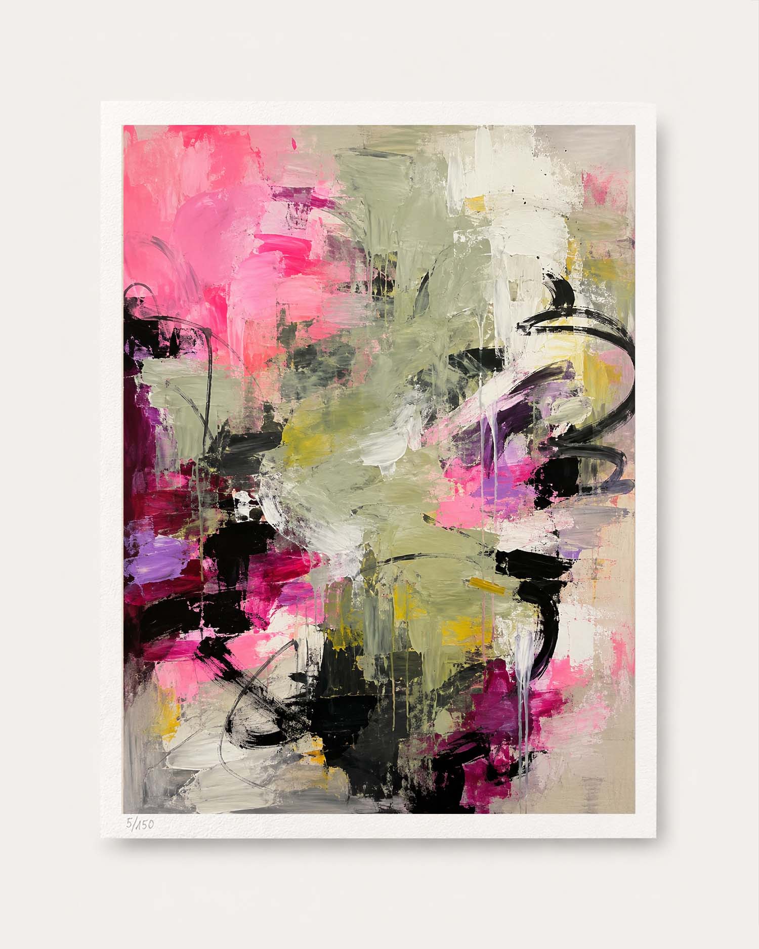 An abstract canvas art print featuring expressive brushstrokes in vibrant pink, olive green, black, purple, and yellow on a white background.