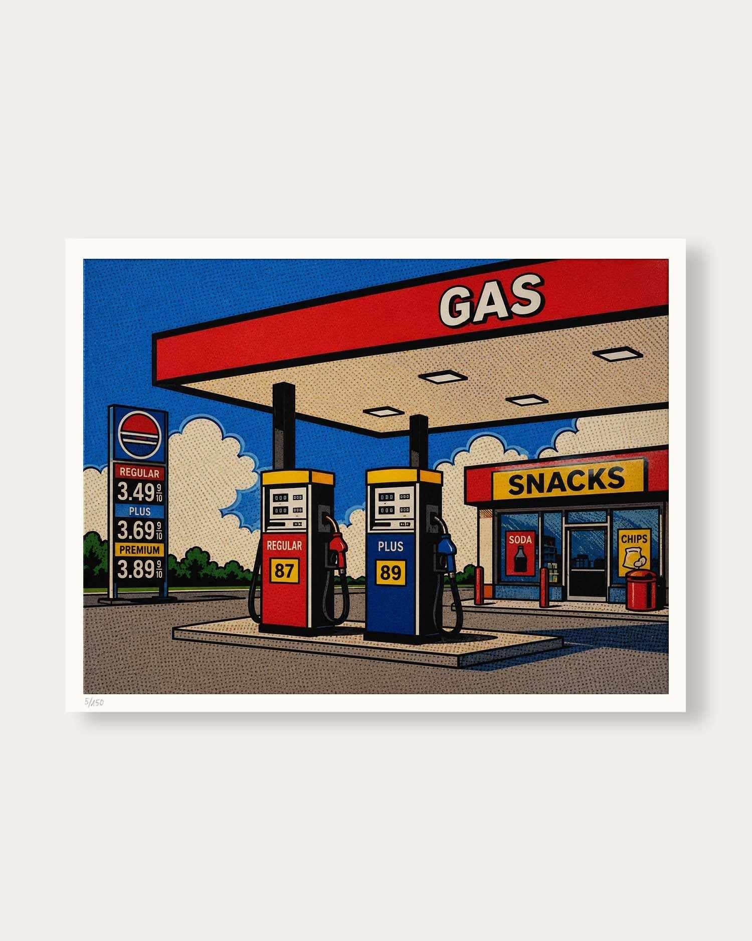 A stylized pop-art illustration of a gas station scene with red canopy, blue sky, fuel pumps, a price sign, and a small snacks shop, shown as a framed print on a light gray background.