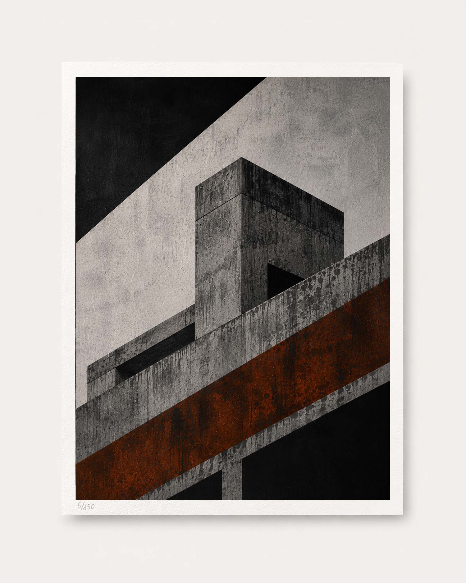 An abstract architectural art print featuring textured gray and black geometric shapes with a bold rust-orange diagonal stripe, presented on a clean white background.