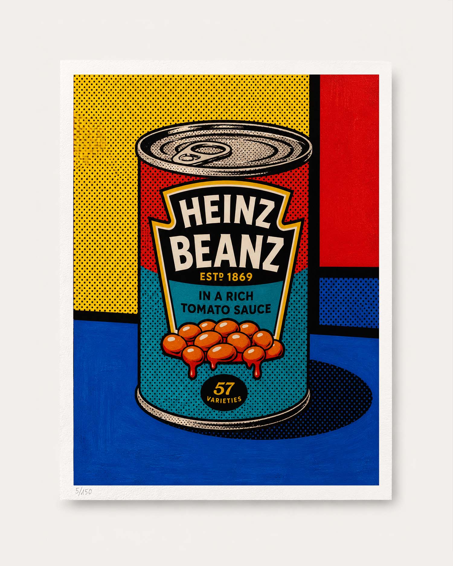 A pop art style print featuring a Heinz Bean can centered against a bold geometric background in yellow, red, and blue. The artwork is presented on a white poster sheet against a light gray background.