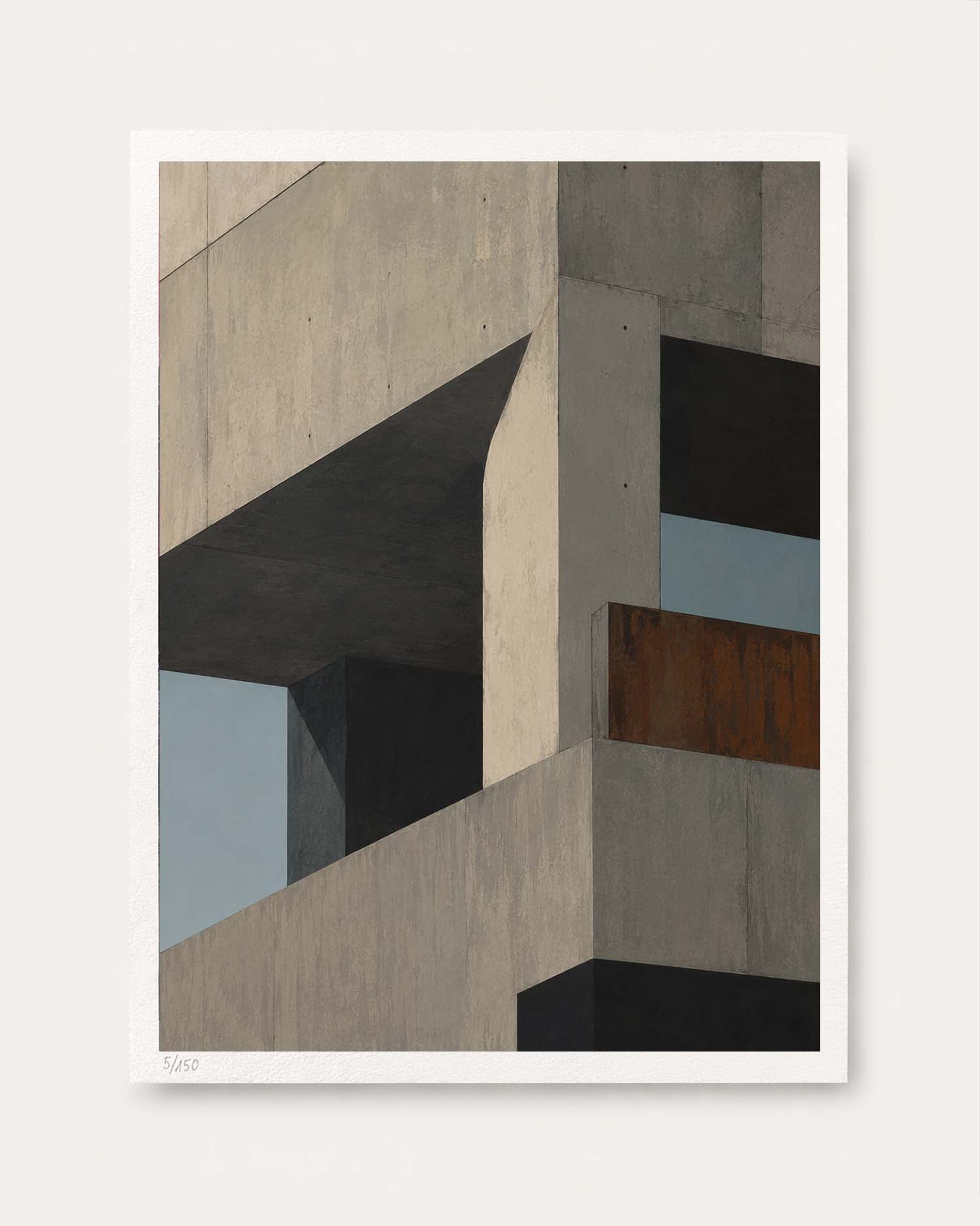 An abstract architectural art print featuring geometric concrete structures in shades of gray, black, and a rust-brown accent, presented with a white border on a light gray background.