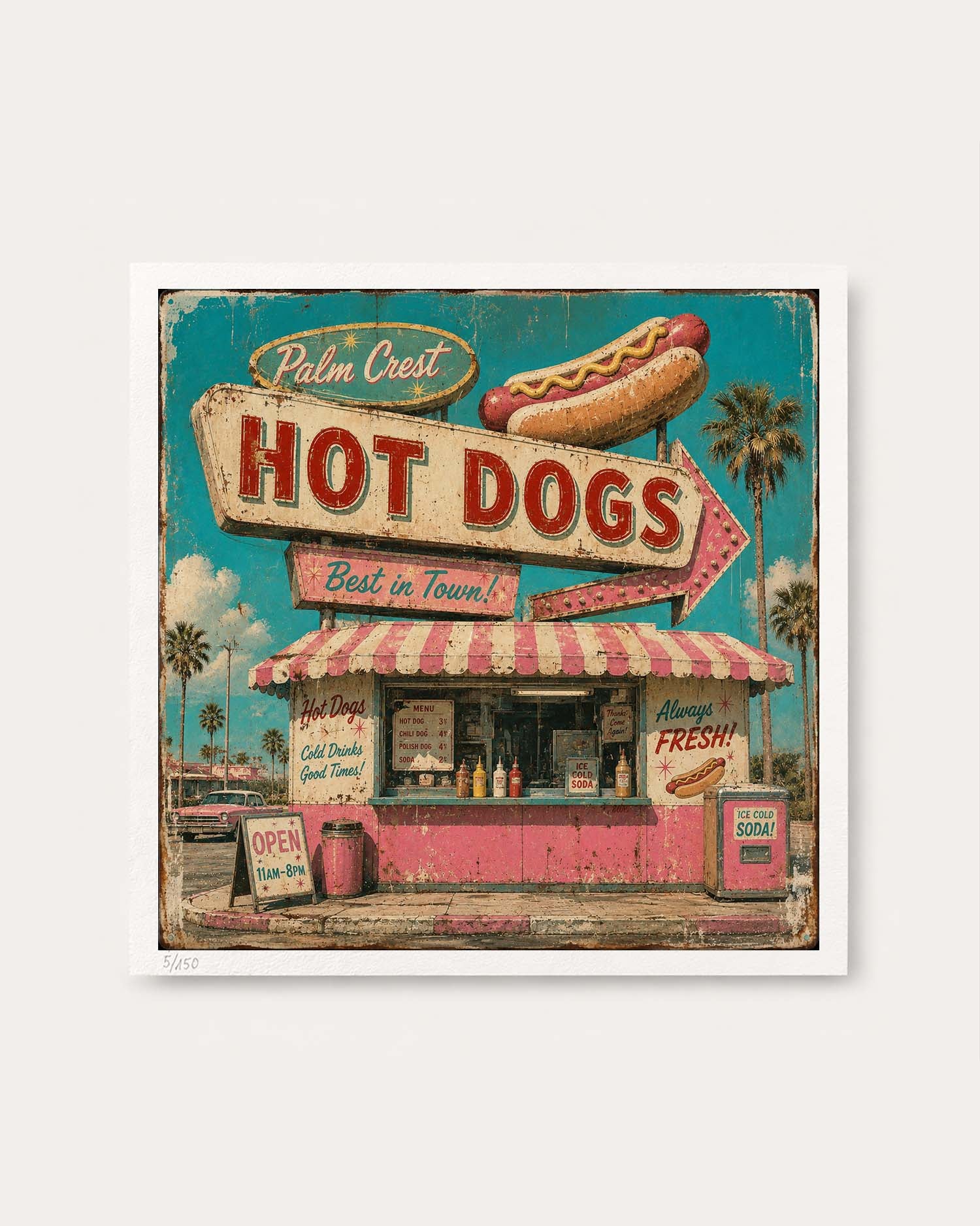 A square wall art print featuring a retro-style illustration of a hot dog stand with palm trees, a turquoise sky, and a large sign reading 'Palm Crest Hot Dogs.' The print is shown against a light gray background.