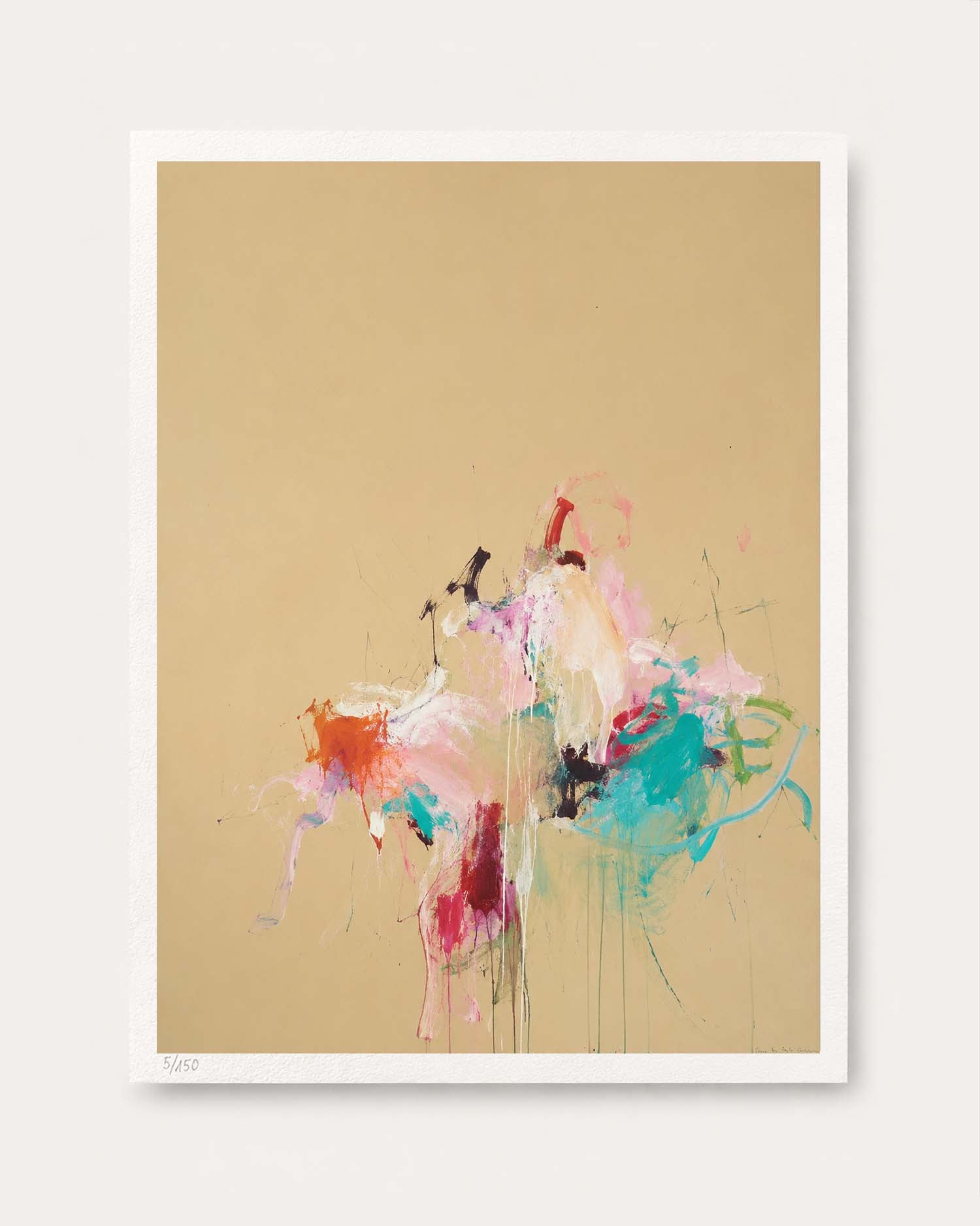 An abstract art print featuring a beige background with colorful paint splatters in pink, orange, teal, white, and black, presented with a white border on a light gray background.